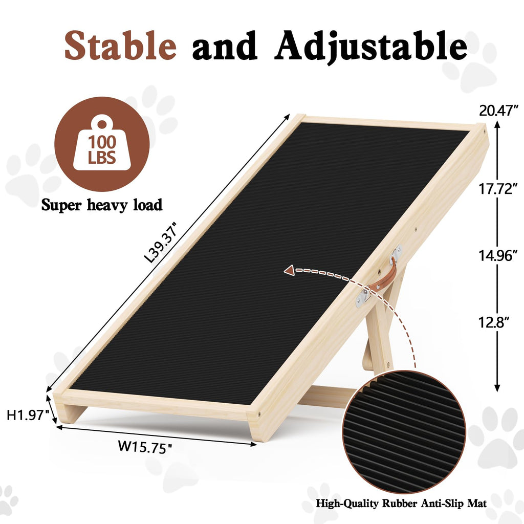 Dog Ramp for Couch, Wooden Pet Ramps 39.37" Long Adjustable 12"-20.47" Folding Puppy Ramps with Anti-Slip Rubber Mat, Dog Stairs for Small & Medium Older Dogs & Cats, up to 100lbs