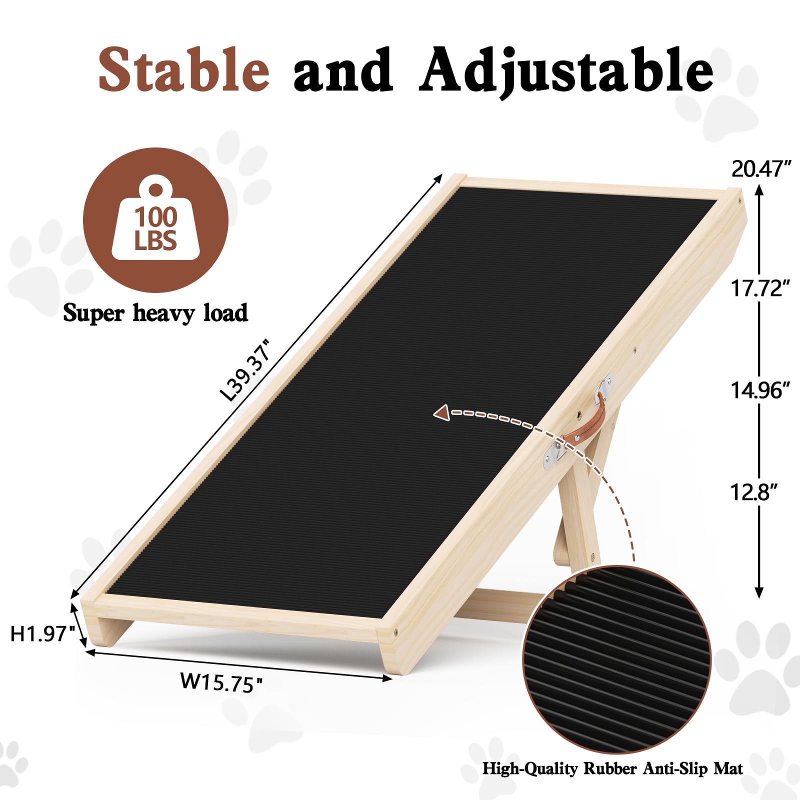 Dog Ramp for Couch, Wooden Pet Ramps 39.37" Long Adjustable 12"-20.47" Folding Puppy Ramps with Anti-Slip Rubber Mat, Dog Stairs for Small & Medium Older Dogs & Cats, up to 100lbs