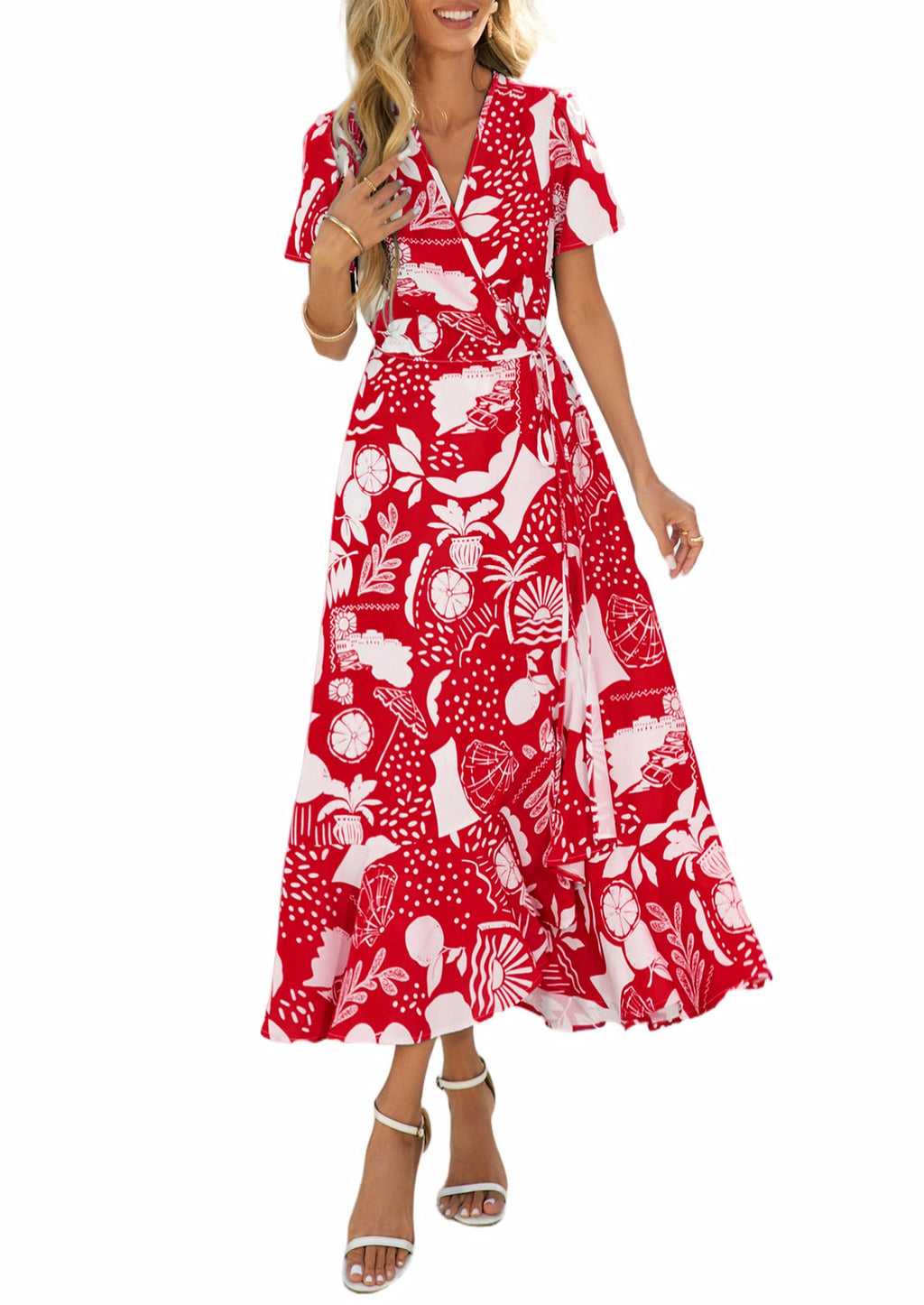 PRETTYGARDEN Women's Boho Floral Maxi Dress Summer Short Sleeve Wrap V Neck Long Flowy Beach Vacation Wedding Guest Dresses