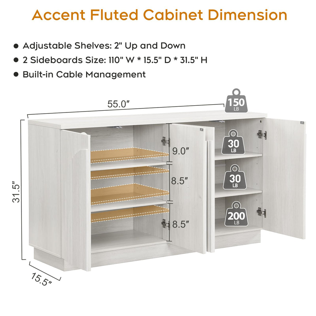 Yechen 55" Fluted Sideboard Buffet Cabinet with Storage, Wood Mid Century Modern Credenza Cabinet w/Arched Reeded Doors & Adjustable Shelves for Kitchen, Living Room, Entryway