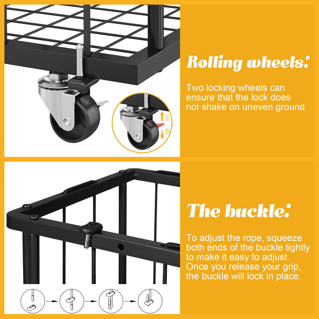 Hencawima Garage Ball Storage: Round Sports Equipment Organizer with Wheels, Sports Ball Rack With Elastic Rope, Ball Holder for Basketball, Soccer, Volleyball, Football, Garage, Gym, Outdoor (Black)