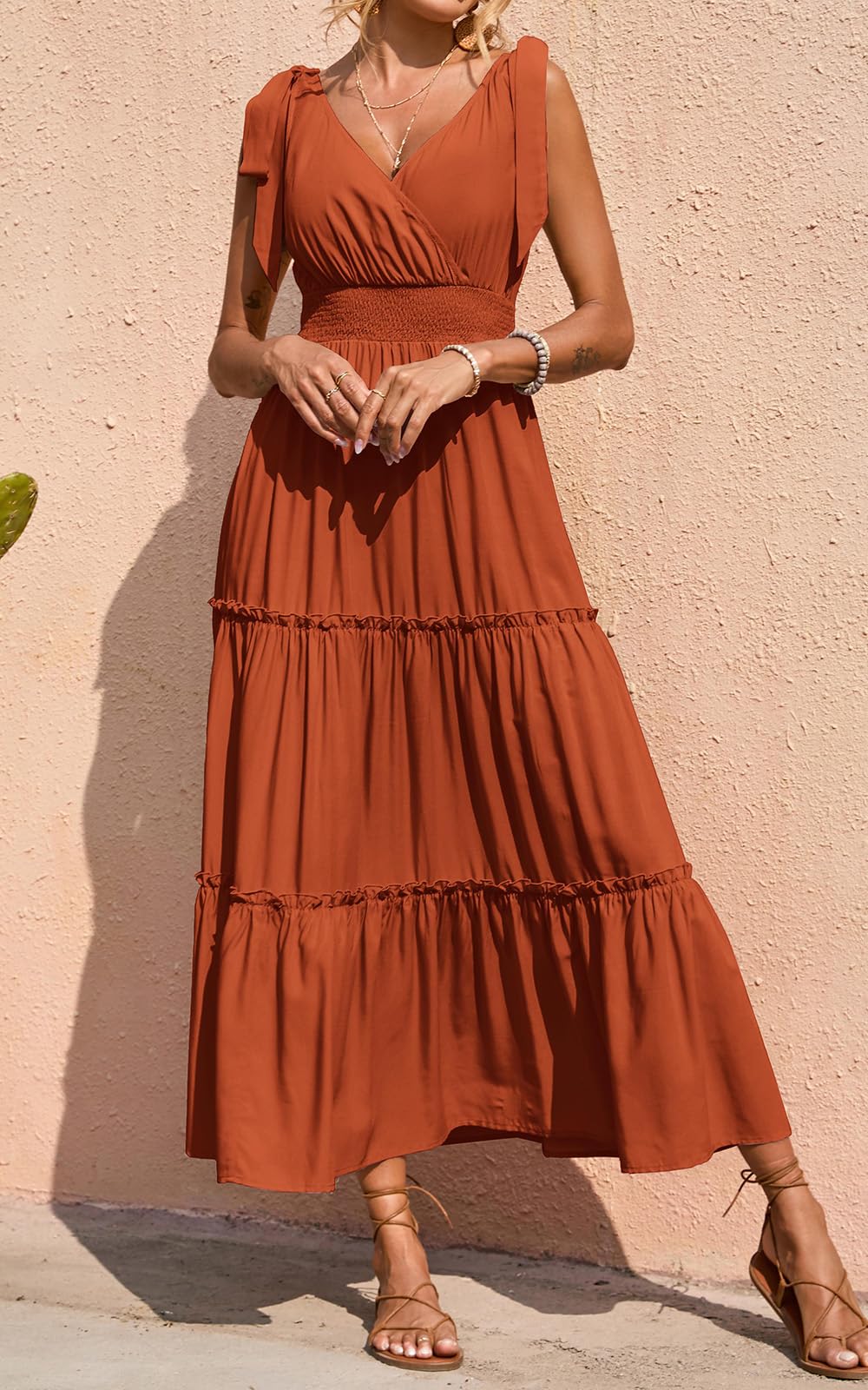 PRETTYGARDEN Women's Cross Neck Summer Sleeveless Tiered Maxi Dress Beach Tie Strap Smocked Long Dresses Pleated Sundress