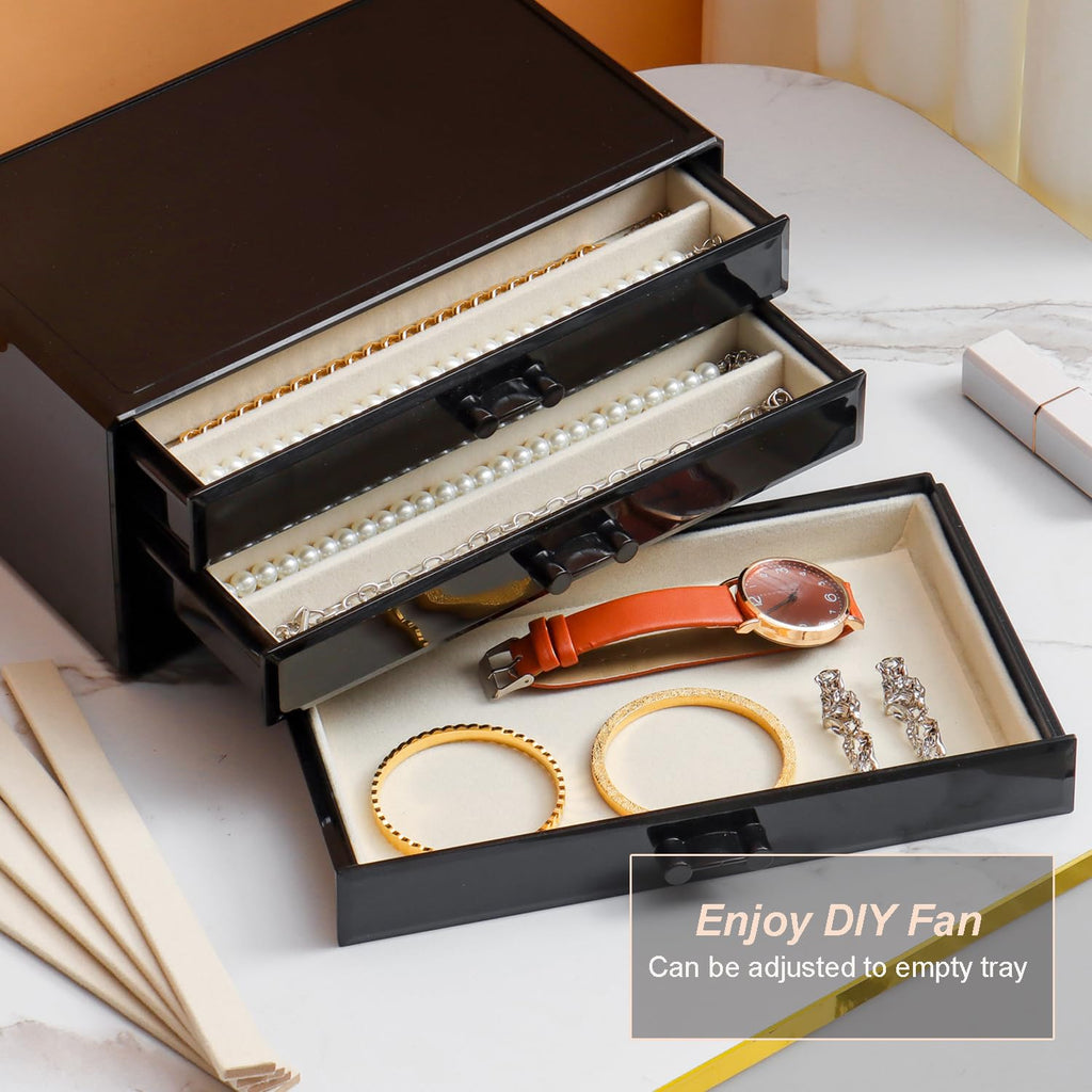 YUFONG Necklace Holder Organizer, Dustproof Necklace Box Velvet Necklace Organizer Box with Lid Clear Acrylic Dustproof Stackable Jewelry Displays for Necklaces Chain Display (Beige, 3 Drawer)