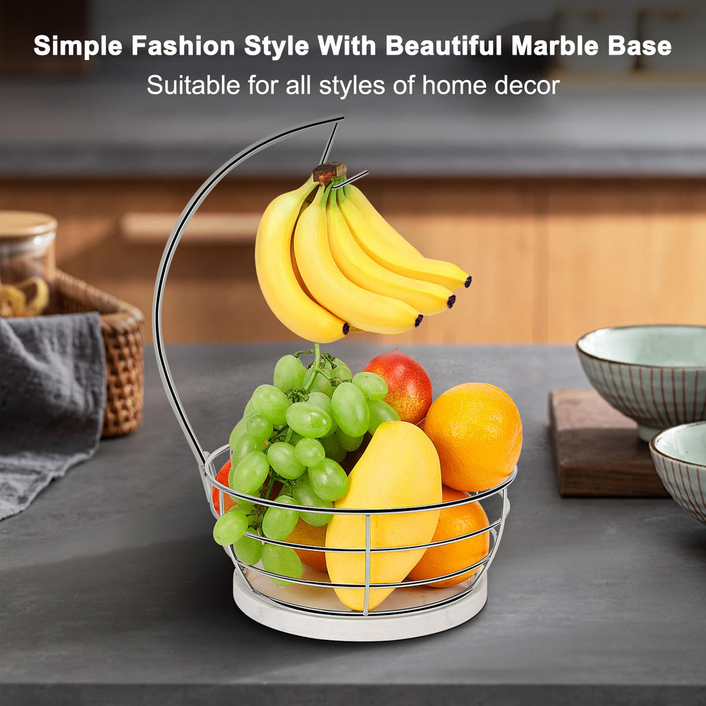 Livabber Countertop Fruit Basket Bowl with Banana Hanger, Modern Standing Fruit Vegetable Bowl Storage, with Banana Tree Holder for Kitchen Dinning Table (Round Marble, Black)