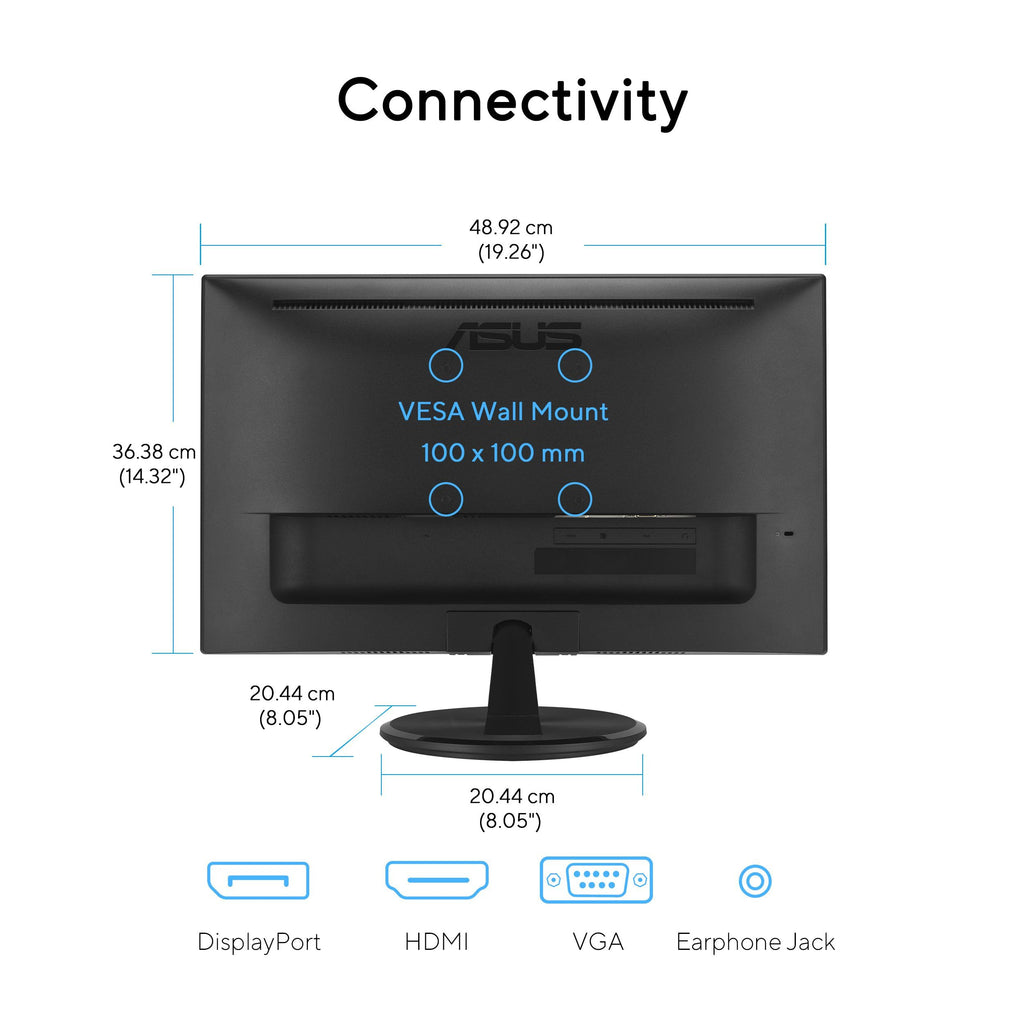ASUS 22” Eye Care Monitor (VP229QF) – 100Hz, IPS, Full HD, 99% sRGB, Frameless, Adaptive-Sync, DisplayPort, HDMI, Low Blue Light, Flicker Free, Wall Mountable, 3 yr Warranty