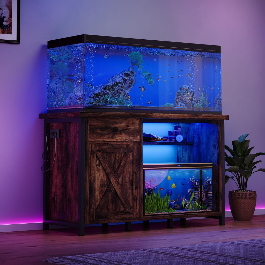4ever2buy 55-75 Gallon Fish Tank Stand with Power Outlets, LED Light, Heavy Duty Aquarium Stand with Cabinet for Fish Tank Accessories Storage, for Turtle Tank, Reptile Terrarium, 1100LBS, Black