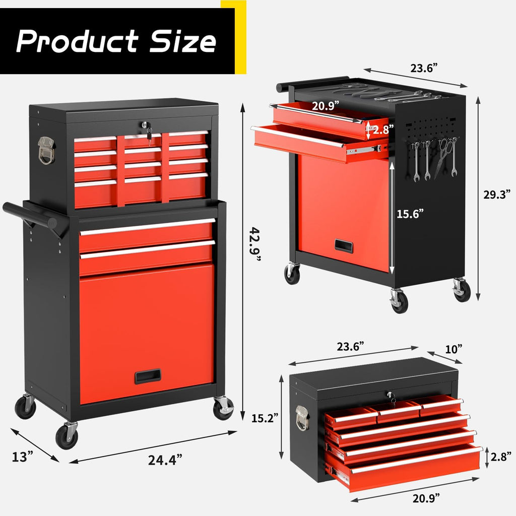 On Shine 8 Drawer Rolling Tool Chest, Large Capacity Rolling Tool Box with Wheels, Locking Mechanical Tool Chest, Portable Tool Box with Sliding Drawers for Garage Workshop and Tool Room (Black)