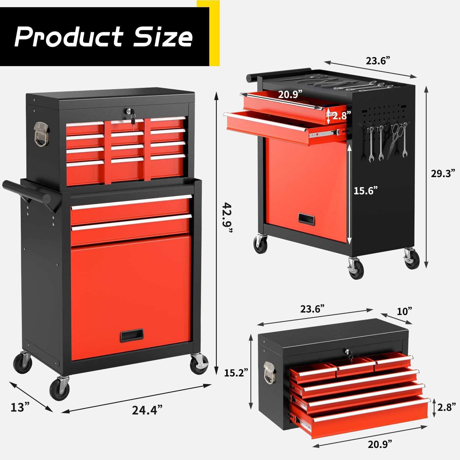 On Shine 8 Drawer Rolling Tool Chest, Large Capacity Rolling Tool Box with Wheels, Locking Mechanical Tool Chest, Portable Tool Box with Sliding Drawers for Garage Workshop and Tool Room (Black)