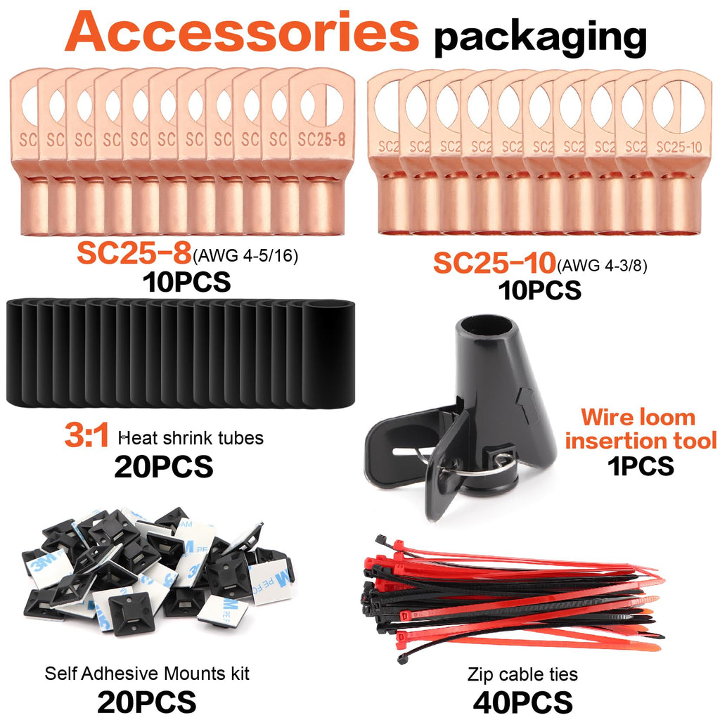 4 Gauge Wire (50ft Each - Red/Black) Copper Clad Aluminum CCA with Cable Cutter,Lugs Terminal Connectors and Heat Shrink Tube - Battery Power/Ground Cable,Car Audio Speaker,RV Trailer Amp Wiring kit