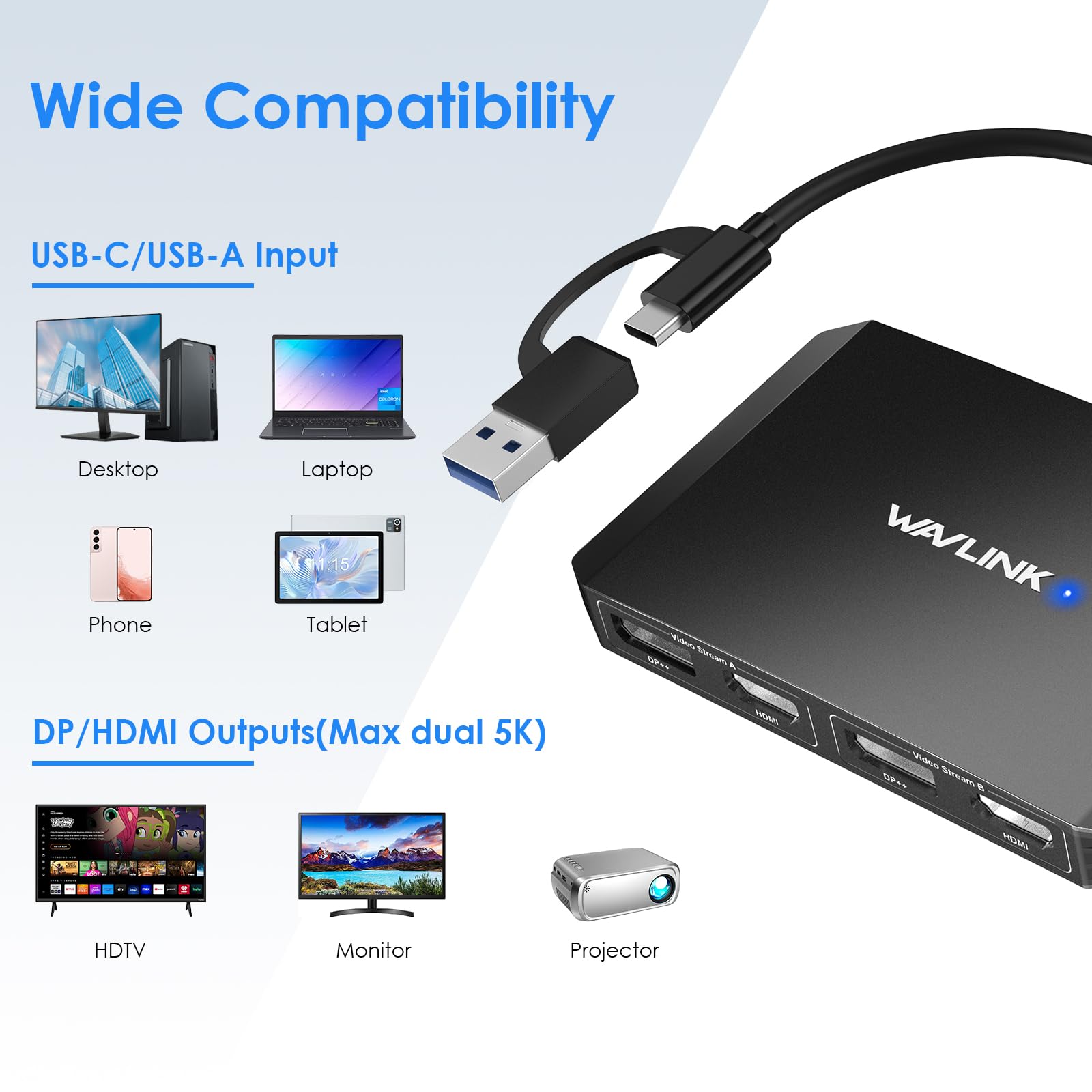WAVLINK USB C or USB 3.0 to Dual HDMI/DisplayPort Adapter, Displaylink Monitor Splitter Extended Display for Dual Monitor 4K@60Hz, HDMI/DP Splitter Compatible with Mac M1-M5/Neo,Window Laptop-Black