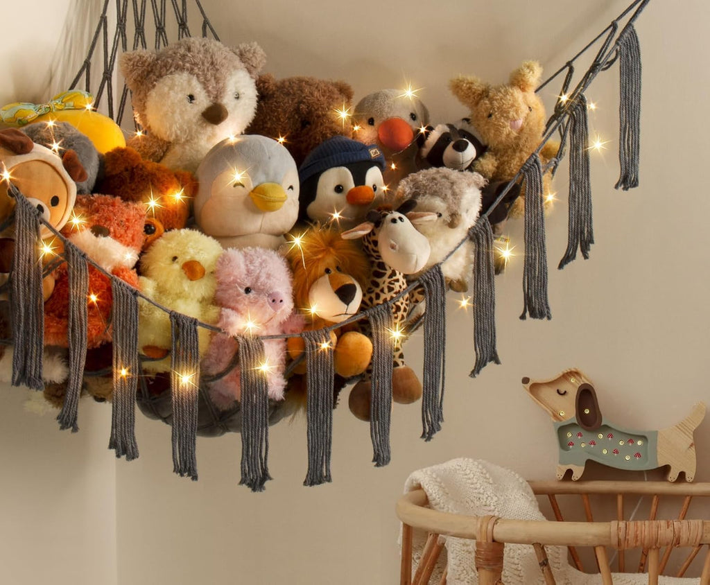 Stuffed Animal Hammock Corner with LED Light - Toy Storage Hammock Plushie Net Large - Cute Stuff Animals Holder Hanging Organizer - Baby Room Decor Kids Toddler Nursery Bedroom Boho