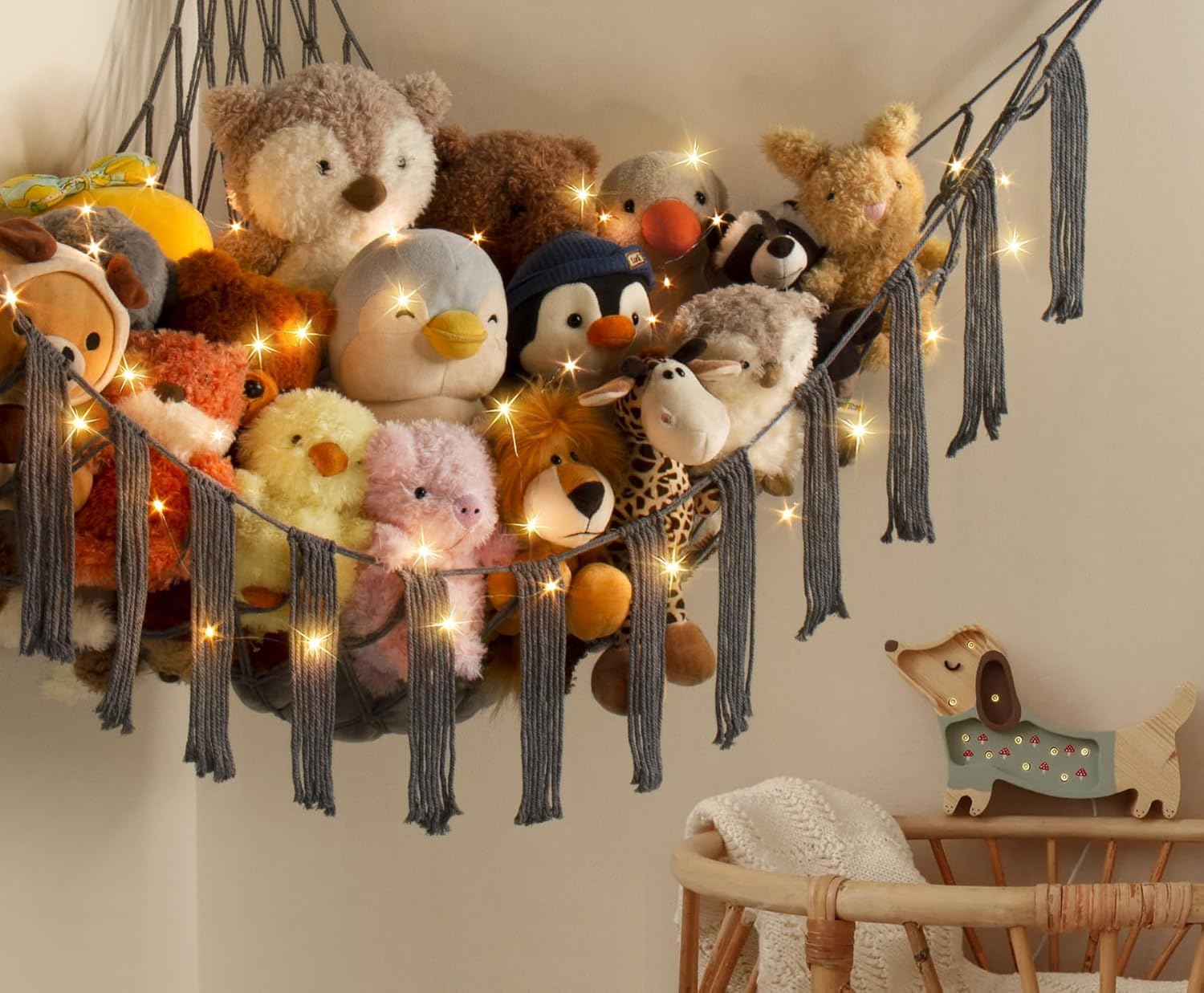 Stuffed Animal Hammock Corner with LED Light - Toy Storage Hammock Plushie Net Large - Cute Stuff Animals Holder Hanging Organizer - Baby Room Decor Kids Toddler Nursery Bedroom Boho