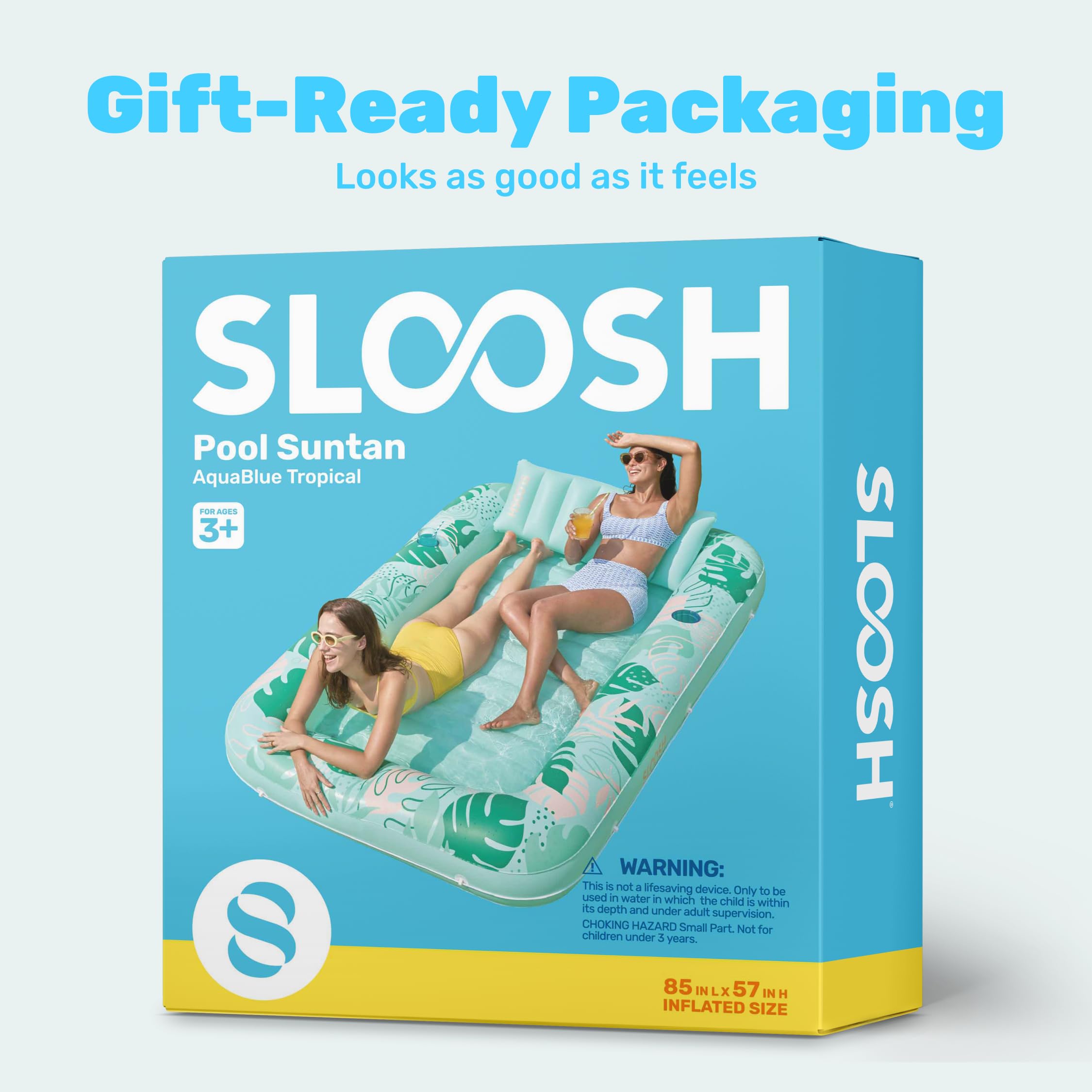 SLOOSH Inflatable Tanning Pool Lounger Float, 85" x 57" Extra Large Pool Floats Adult with Pillow, 4 in 1 Suntan Tub Raft Floatie,Sunbathing Bed Lounge for Water Blow Up Ball Pit Party Gifts, XL-Blue