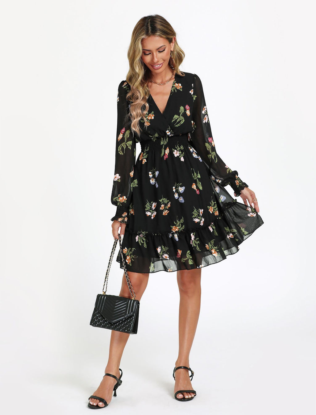 Prettywear Women's Floral Chiffon Long Sleeve Mini Dress Flowy A-Line Wrap Neck Tie Back Short Dress