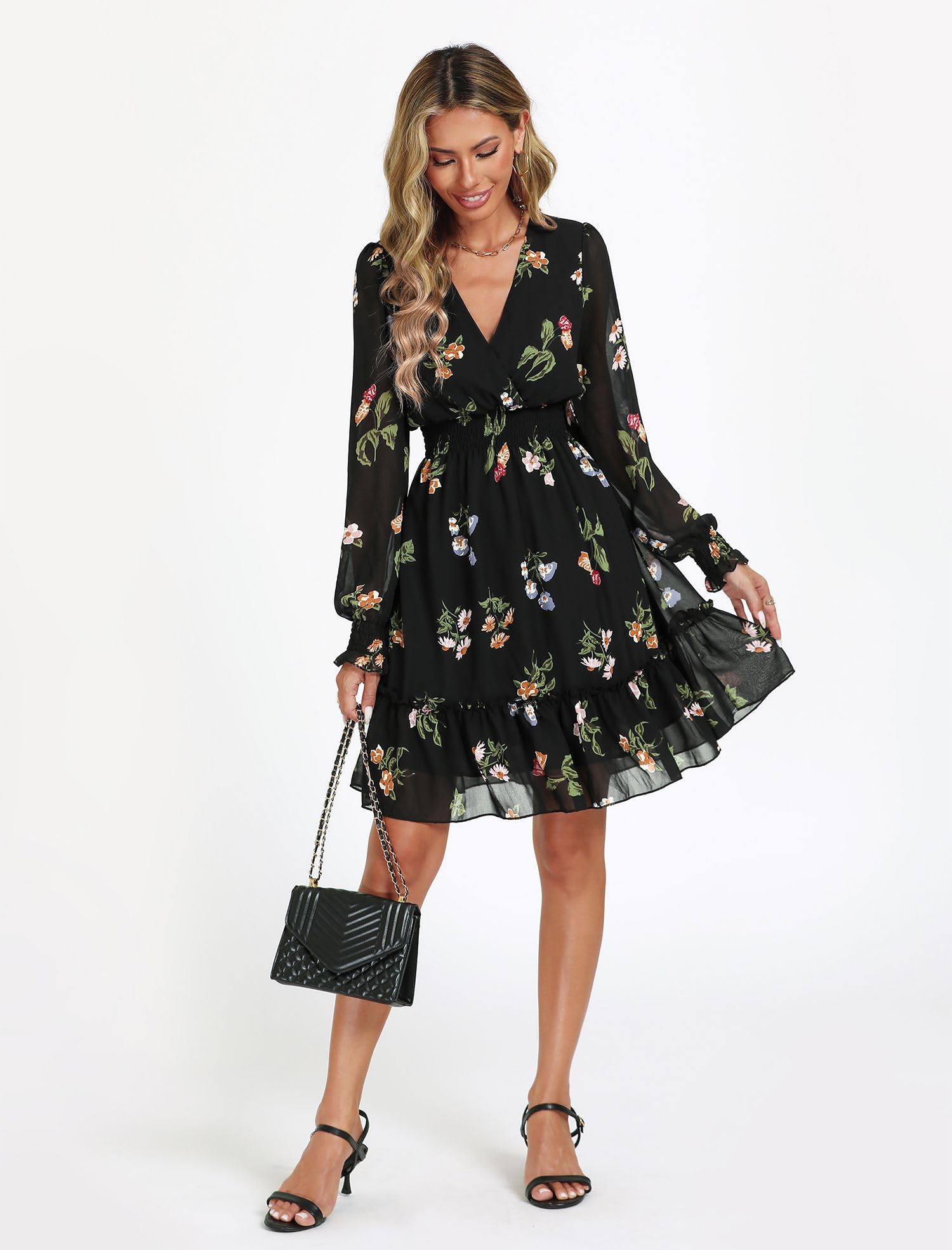 Prettywear Women's Floral Chiffon Long Sleeve Mini Dress Flowy A-Line Wrap Neck Tie Back Short Dress
