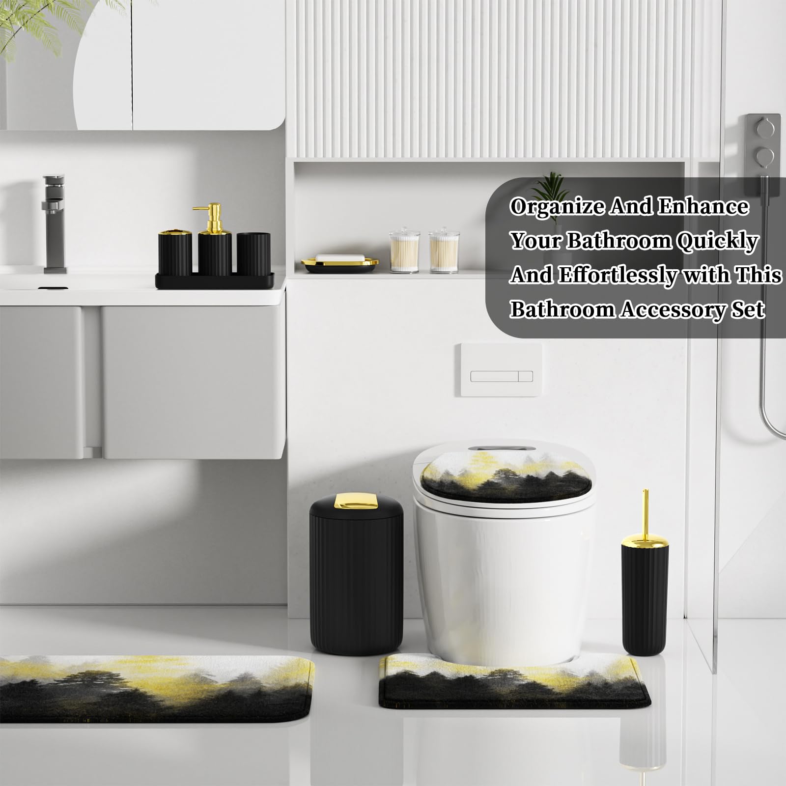 XLHOMO 24 PCS Black Bathroom Accessories Set with Shower Curtain and Rugs, Bathroom Decor Set with Trash Can, Toilet Brush, Soap Dispenser, Toothbrush Holder, Tumbler, Soap Dish and Jars