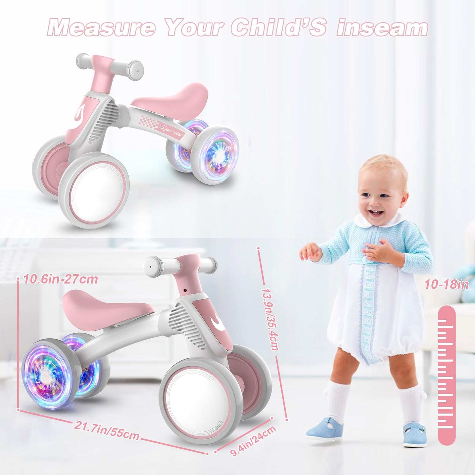 Colorful Lighting Baby Balance Bike Toys for 1 Year Old Boy Gifts, 10-36 Month Toddler Balance Bike, No Pedal 4 Silence Wheels & Soft Seat First Bike, One Year Old Boy Birthday Gift.