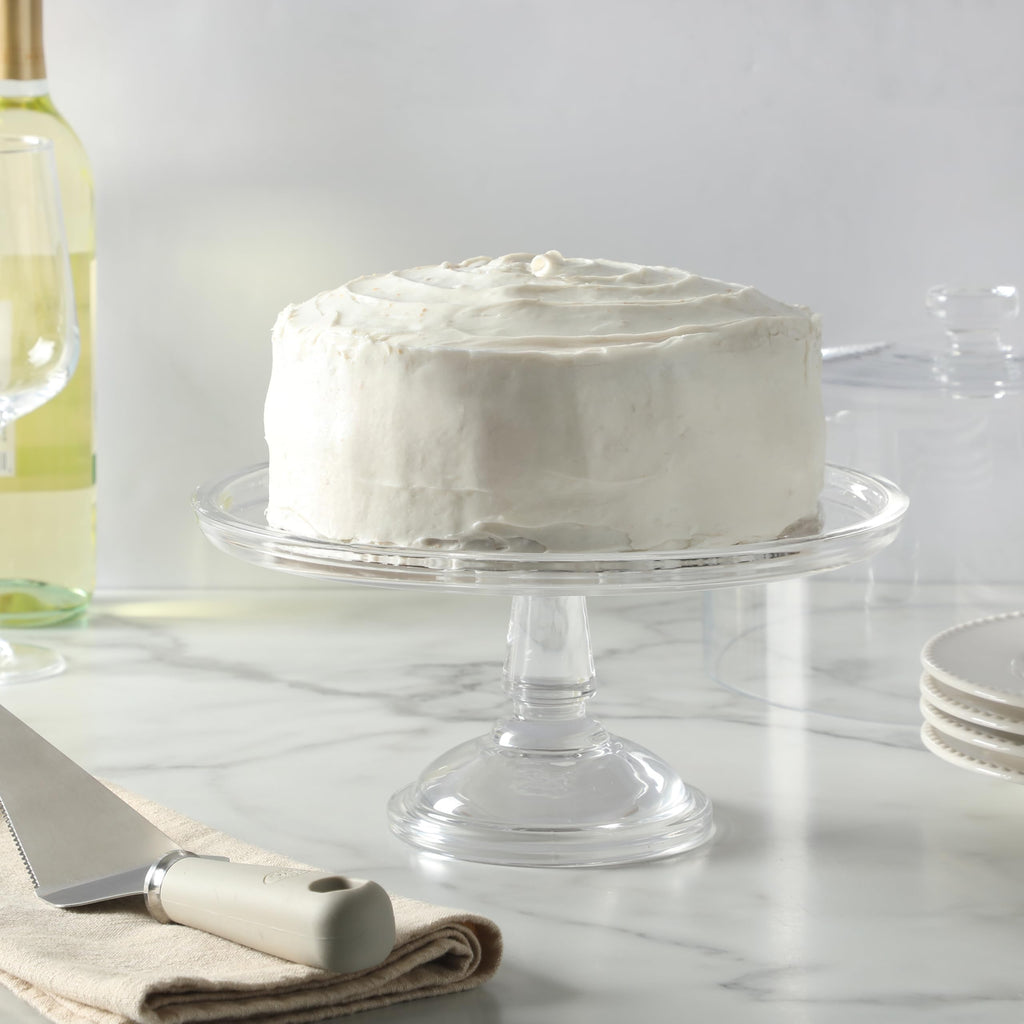 Martha Stewart Watercrest Glass Cake Stand, 10.2 Inch Footed Pedestal Cake Plate with Scalloped Ruffled Edge, Clear Handmade Glassware for Weddings, Parties, and Dessert Display