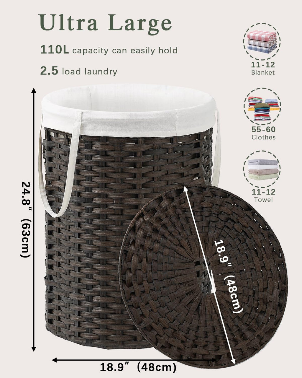 SETVSON Laundry Hamper with Lid Laundry Basket with Lid 19.0 Gal (72 L) Round Wicker Laundry Basket Handwoven Rattan Basket with Lid Removable Bag 2 Mesh Bags Handles for Living Room Bathroom Black