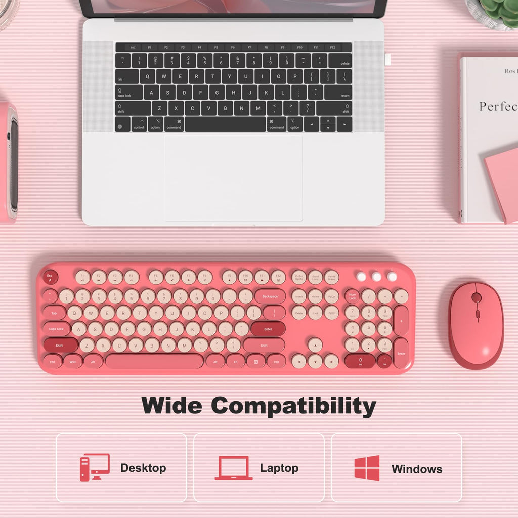 MOFII Wireless Keyboard and Mouse Combo, Compact Typewriter Retro Round Computer Keyboard and Mouse Set, Plug and Play, for Windows, Computer, Desktop, PC, Notebook - Black Green Gradient