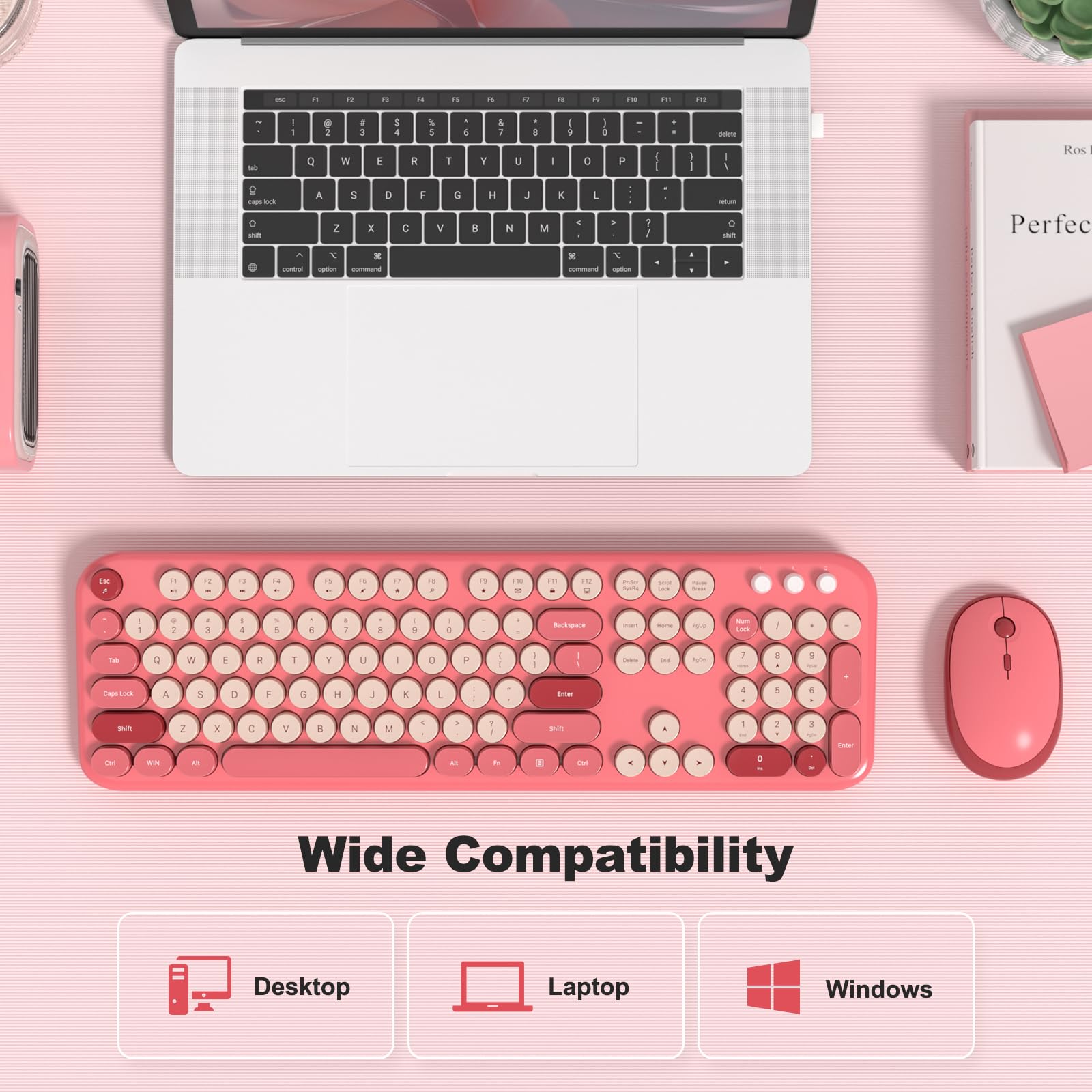 MOFII Wireless Keyboard and Mouse Combo, Compact Typewriter Retro Round Computer Keyboard and Mouse Set, Plug and Play, for Windows, Computer, Desktop, PC, Notebook - Black Green Gradient