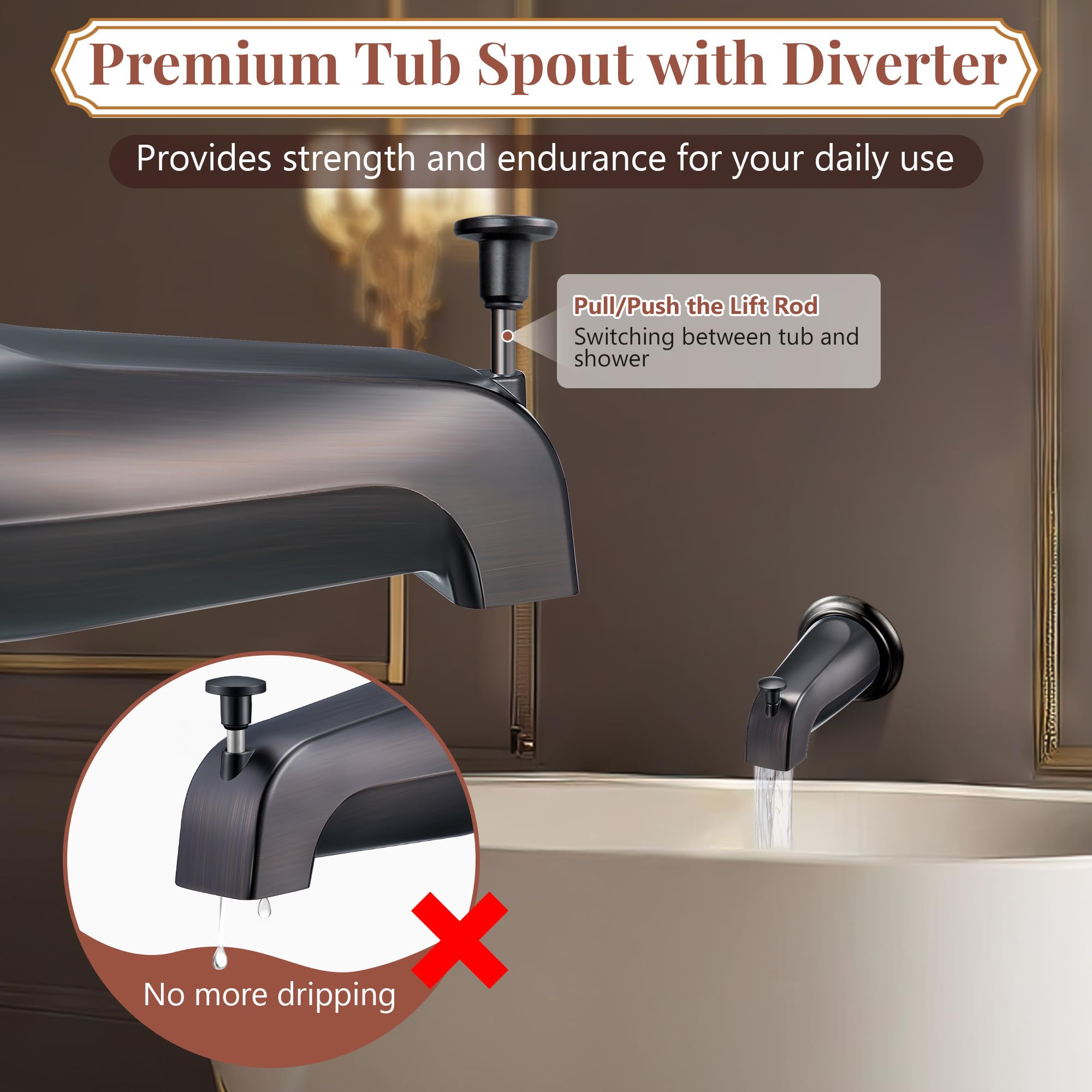 Dreyoo Tub Spout (Universal Fits 1/2" Copper Pipe, 1/2" IPS and 3/4" IPS), Bathroom Bathtub Faucet with Adapters and Hex Wrench(Brushed Nickel,Simple)