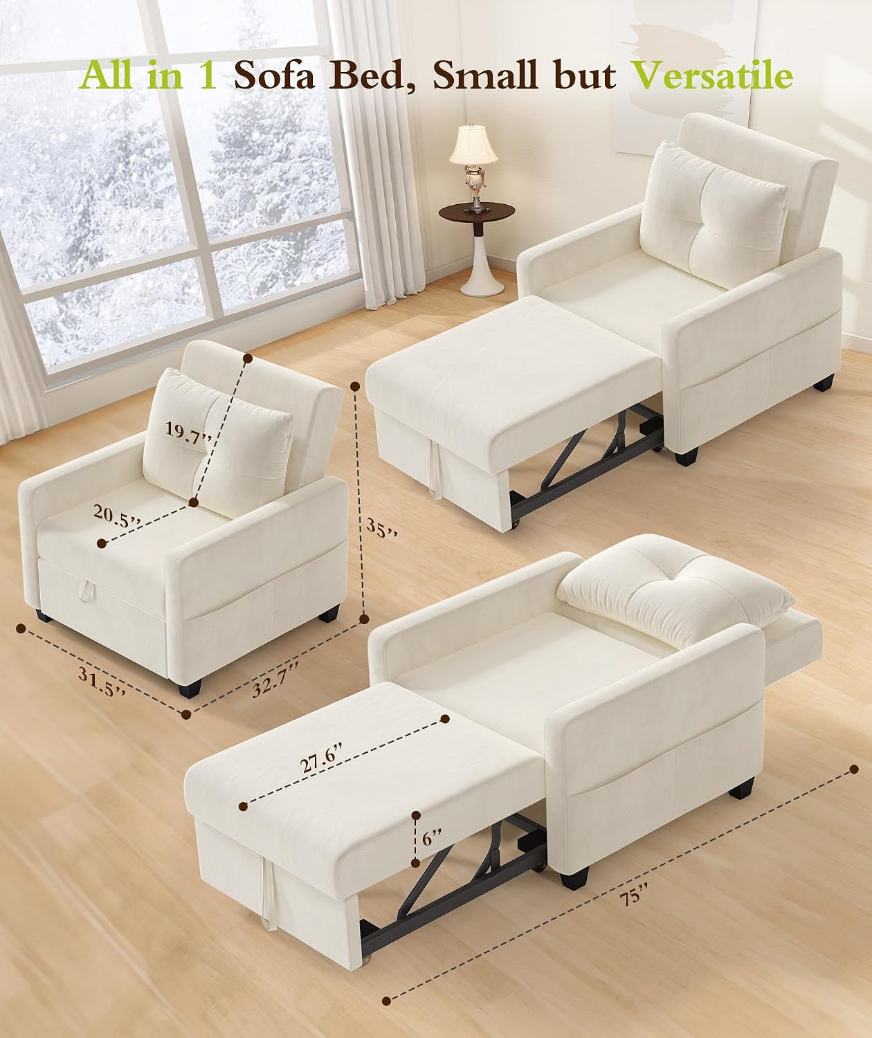Sleeper Sofa Chair, 3 in 1 Convertible Sleeper Chair with Adjustable Backrest, 32" Pull Out Couch Bed 400lbs Support, Comfy Velvet Small Sofa Bed for Small Space with Pillow & 2 Pockets, Beige