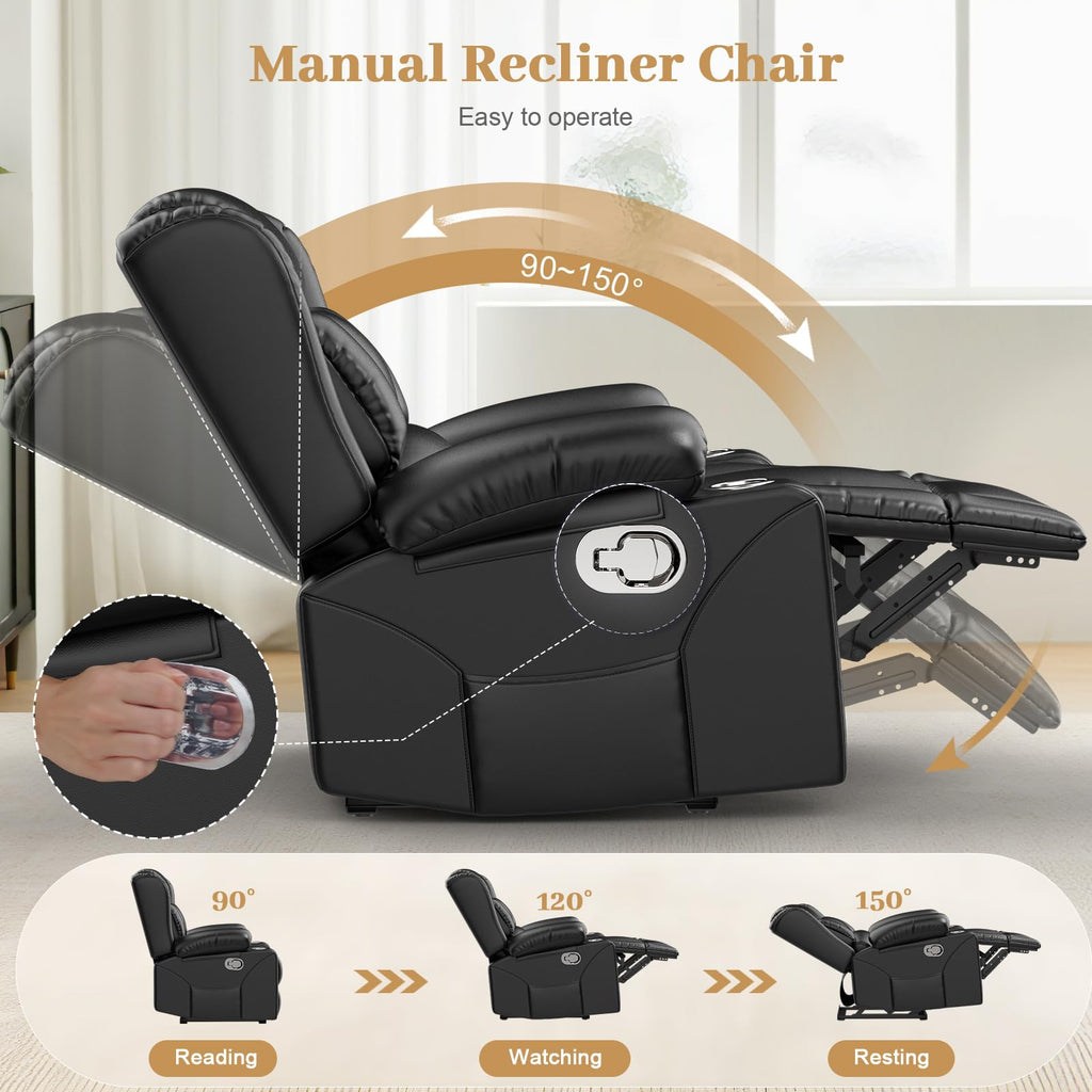 Recliner Chairs for Adults, FSC Certified Massage Reclining Chair with Heated Modern, Ergonomic Lounge Single Reclining Sofa Seat with Cup Holder & Pocket, Living Room Lounge Recliners Black