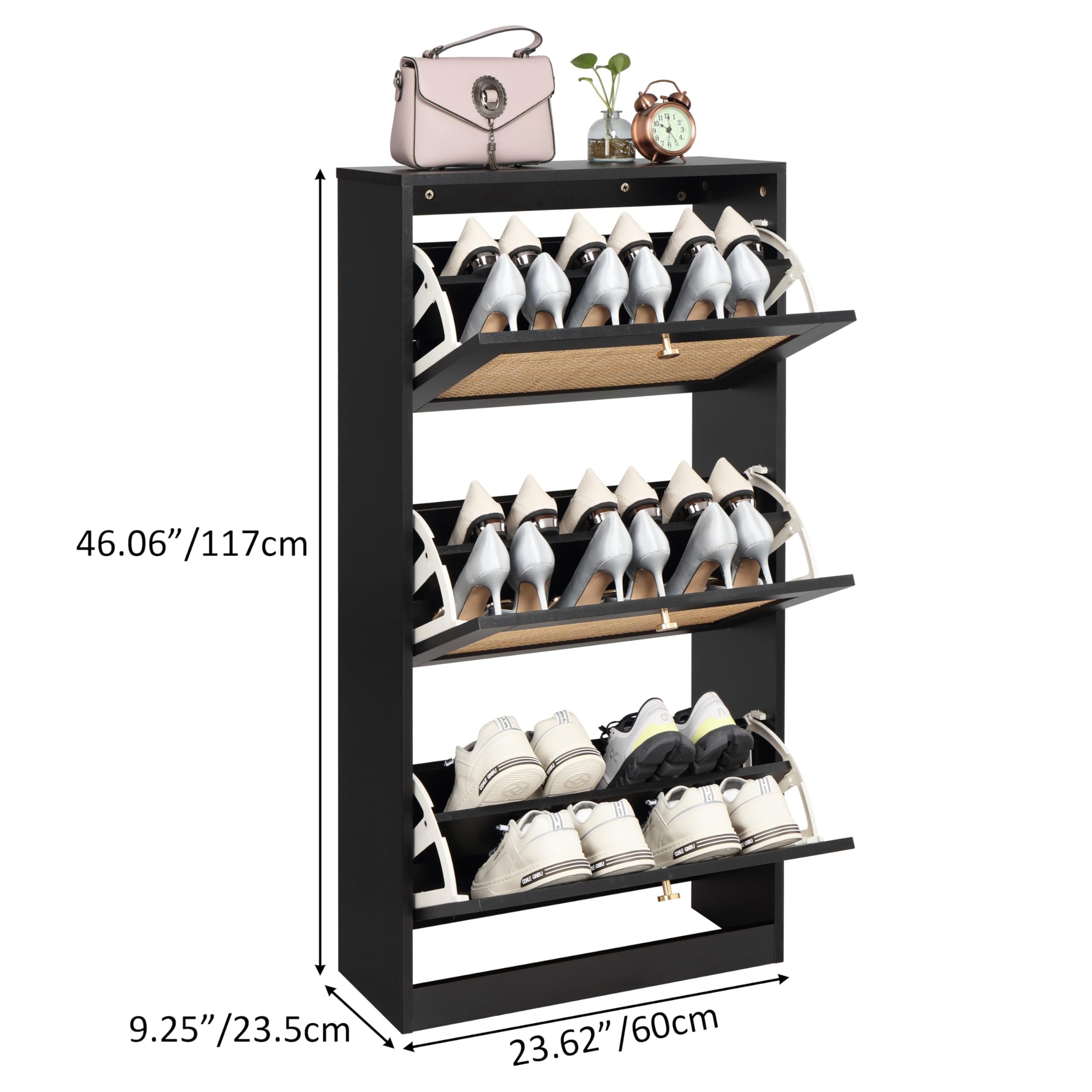 Finnhomy 3 Tier Shoe Cabinet with Natural Rattan Flip Drawers for Entryway, Free Standing Slim Shoe Storage Organizer with Large Top Board, Shoe Cabinet with Adjustable Width Drawers, Black