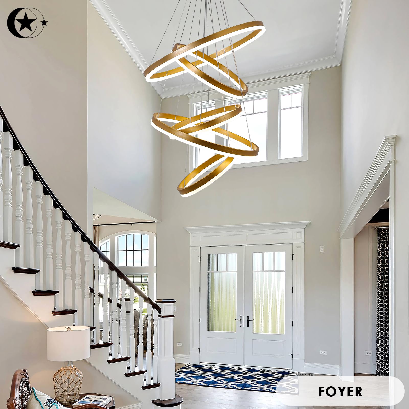 5-Rings Modern LED Chandelier Black Dimmable High Ceiling Chandelier for Dining Room with Remote Control for Foyer Living Room Entryway Staircase(D23.6’’, 3000K-6500K)