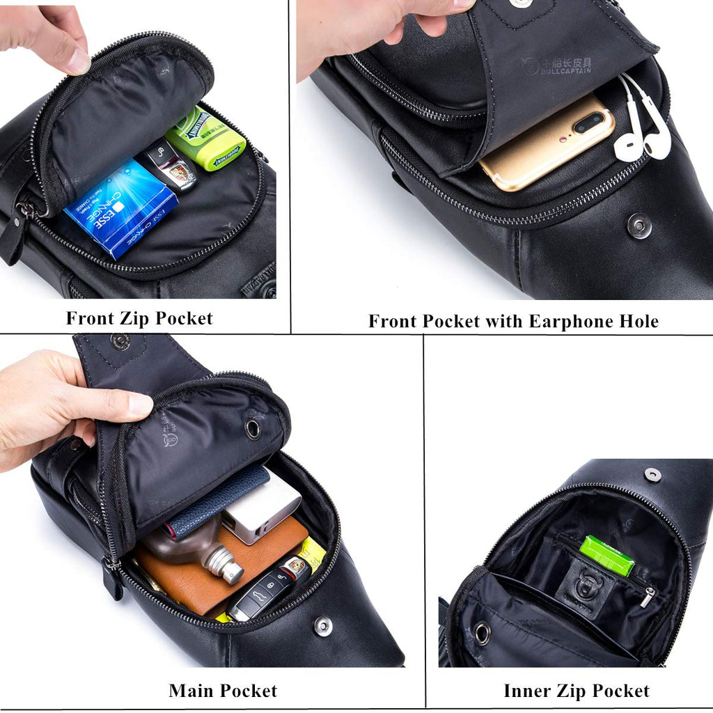 BULLCAPTAIN Genuine Leather Sling Bag for Men XB-129 | USB Charging Port, Multi-pocket, Chest Bag, Hiking Travel Daypack