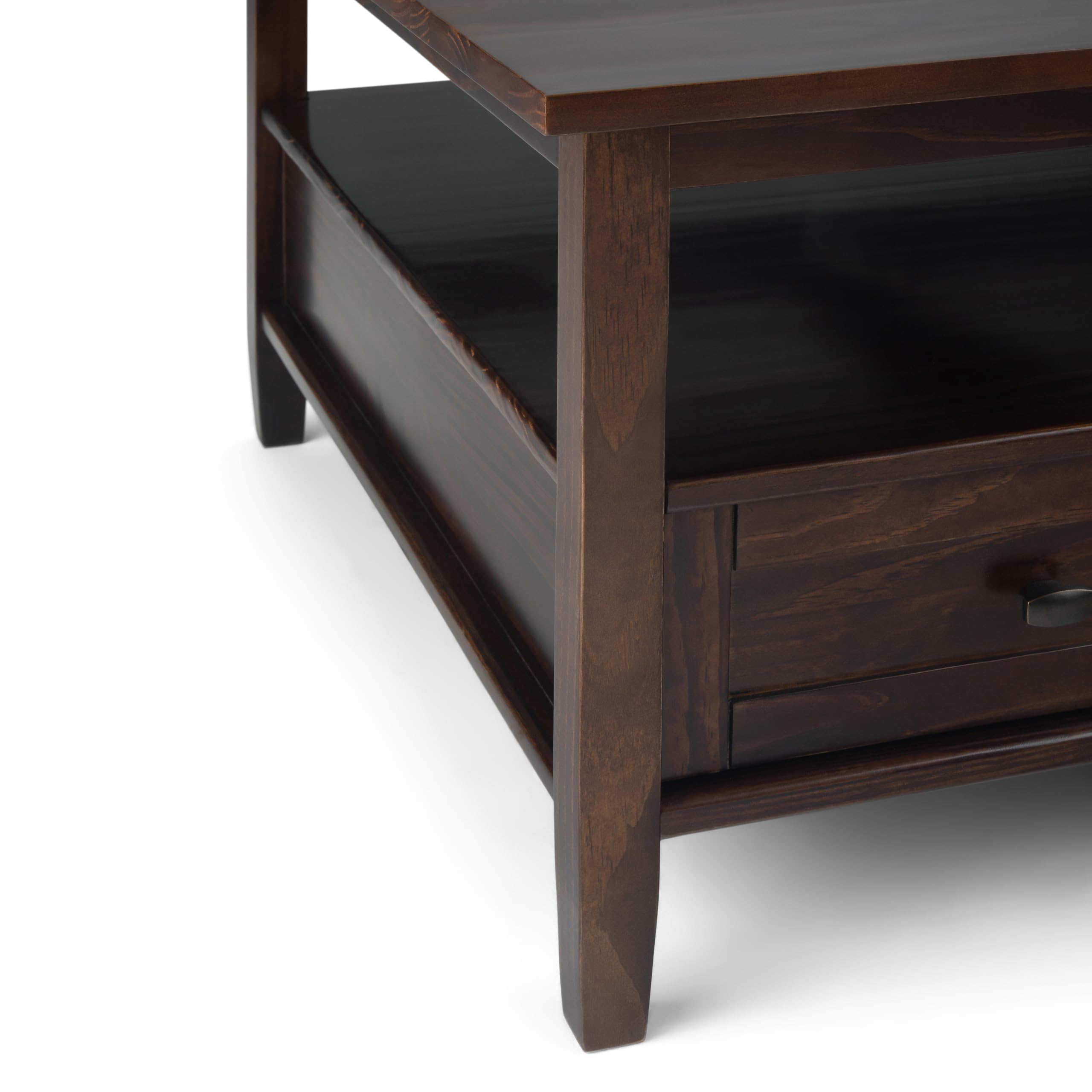 SIMPLIHOME Warm Shaker Coffee Table - 48 inch Wide Solid Wood Coffee Table in Black, Transitional Living Room Table with 2 Drawers, Open Shelf, Shaker Fronts and Tapered Legs