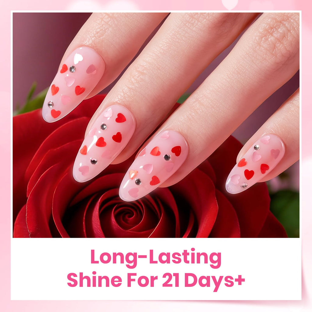 Beetles Heart Gel Top Coat 15ml - Hema Free Glitter Shine No Wipe Top Coat Long-Lasting for Gel Polish, Pink Heart Sparkle Soak Off UV LED Gift for Women
