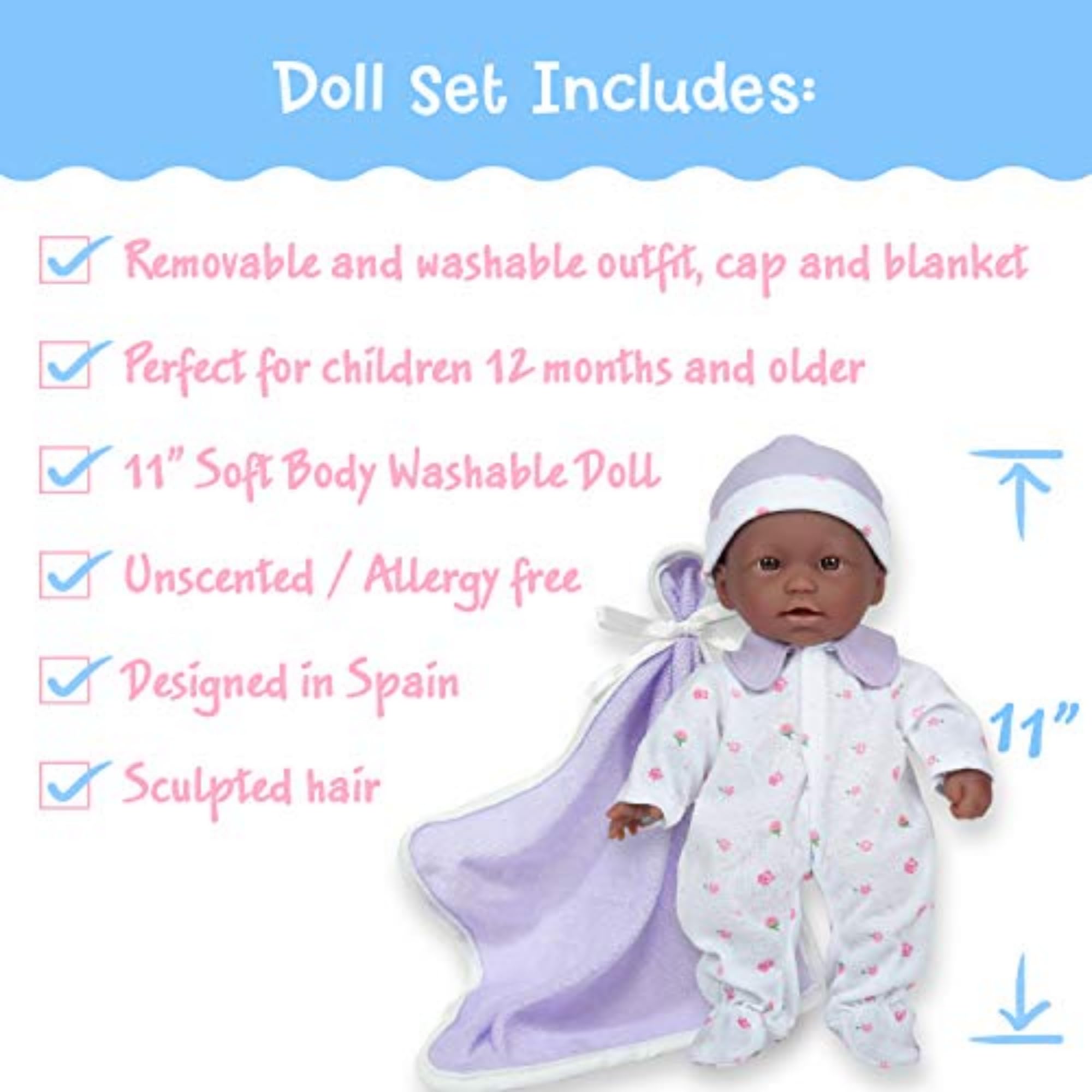 JC Toys La Baby Caucasian Baby Doll Set – 11 Inch Soft Body Doll with Accessories Including a Removable Blue Outfit – Small Baby Doll Toy for Children 12 Months and Older