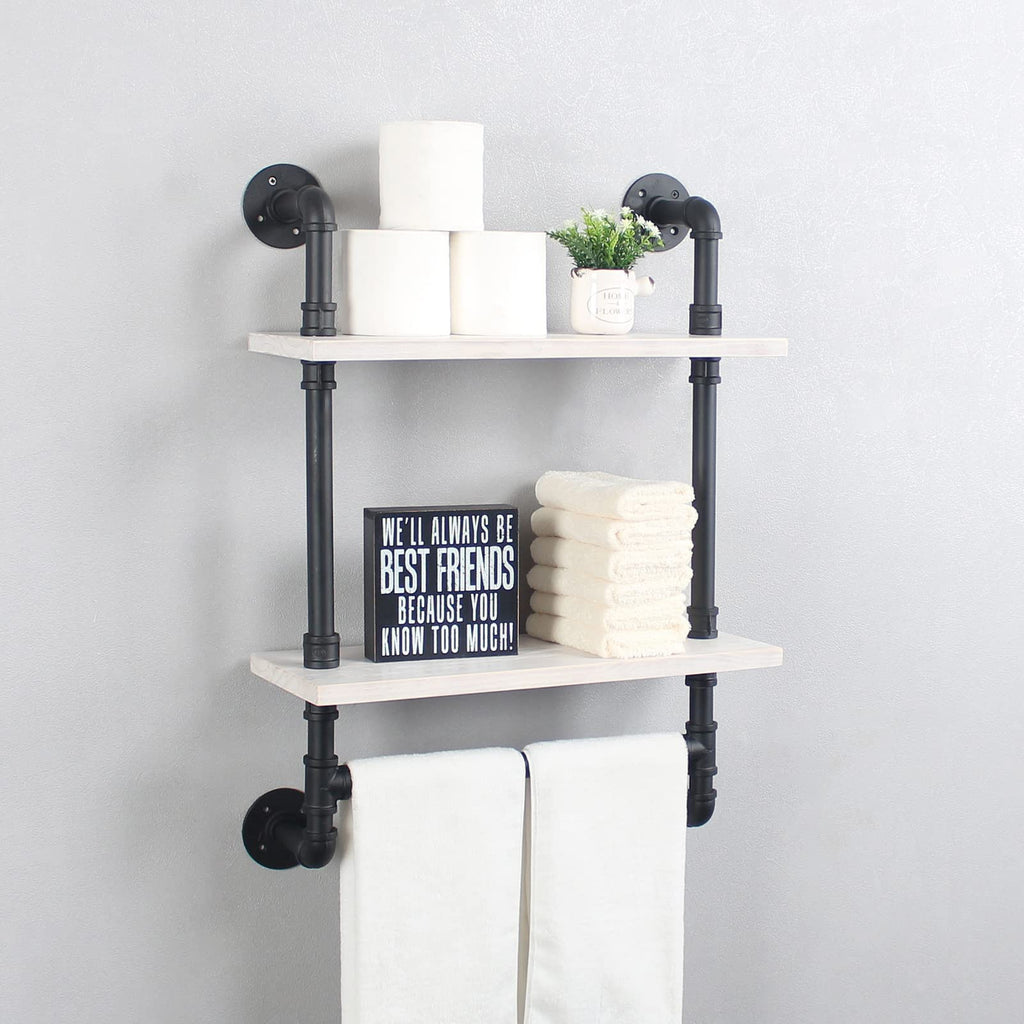 MBQQ Industrial Pipe Shelf Bathroom Shelves Wall Mounted,19.6in Rustic Wood Shelf with Towel Bar,1 Tier Farmhouse Towel Rack,Pipe Shelving Floating Shelves Towel Holder,Black & White