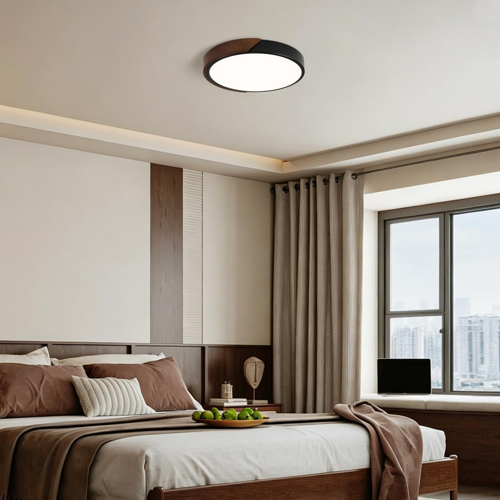 Modern LED Ceiling Light, Minimalist Wood Dimmable Flush Mount Ceiling Light Fixture, Round 5CCT Lighting Lamp with Acrylic Lampshade for Bedroom Hallway Kitchen Laundry, Black 11.8"