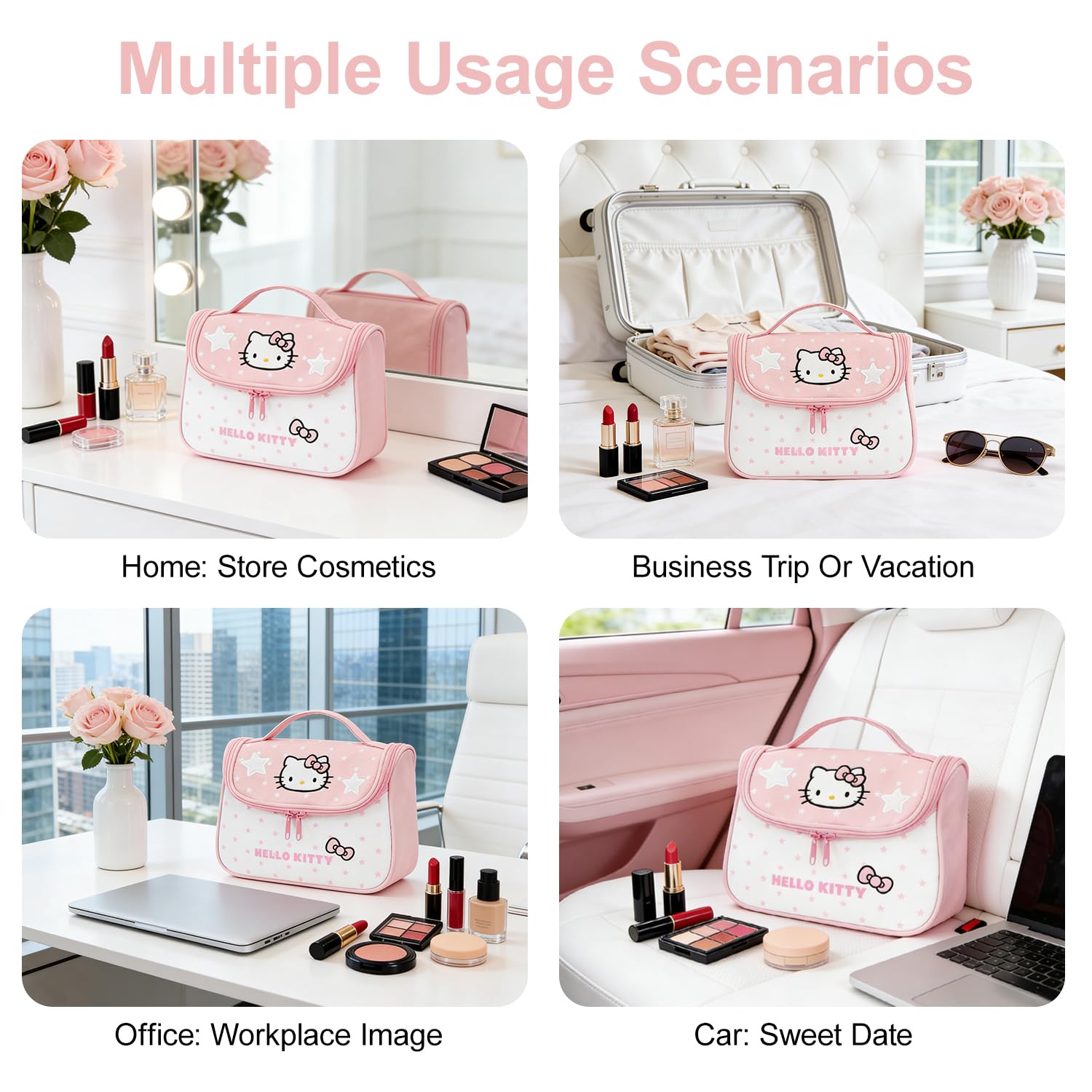 AmBealla Makeup Bag Large Waterproof Cosmetic Bags with Makeup Brush Holder,Cute Printed Makeup Organizer for Women Traveling,Portable Toiletry Bag for Girls