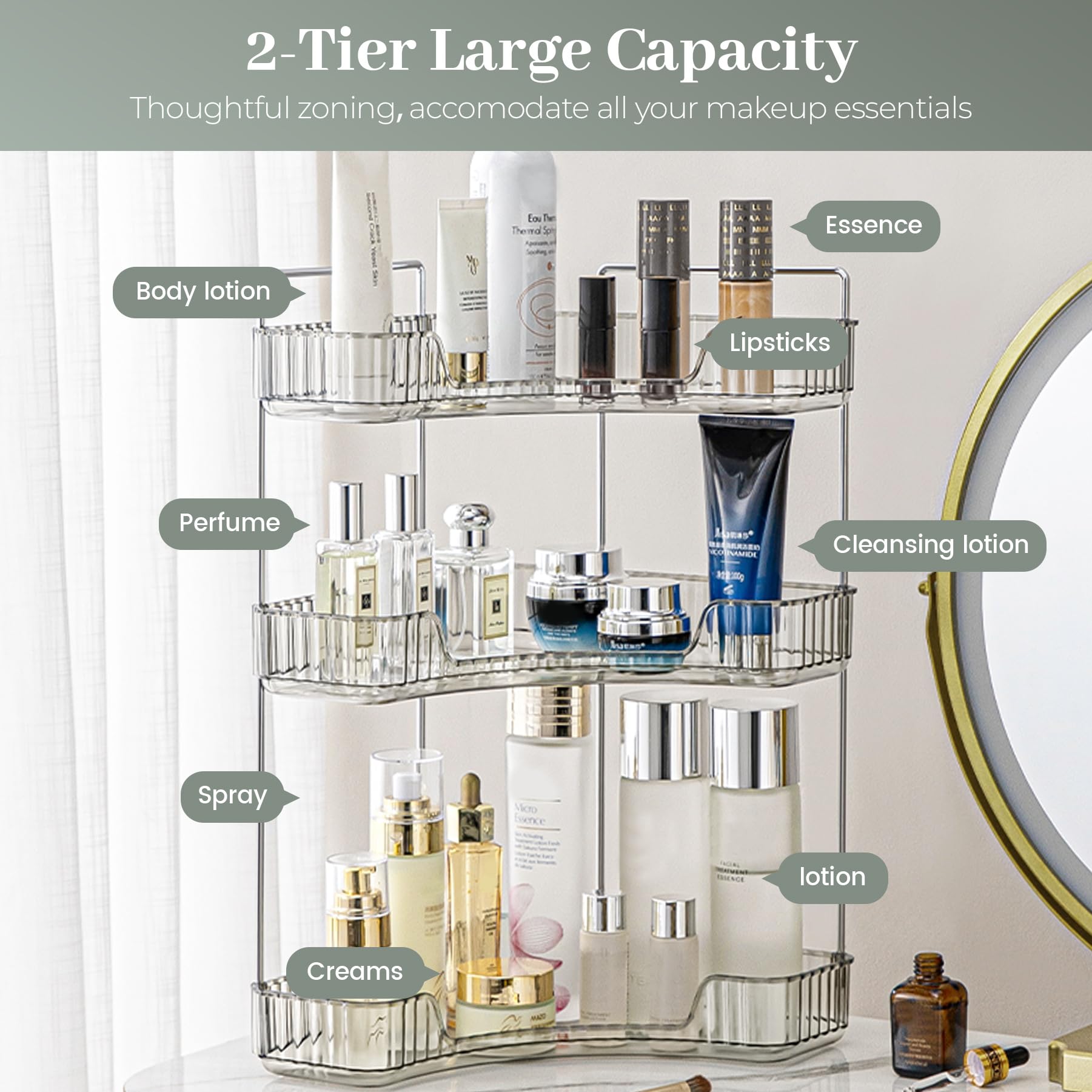 Aveniee Corner Bathroom Counter Organizer, Bathroom Countertop Shelf Makeup Organizer for Vanity Perfume Tray for Corner Storage (2 Tiers, Gold)