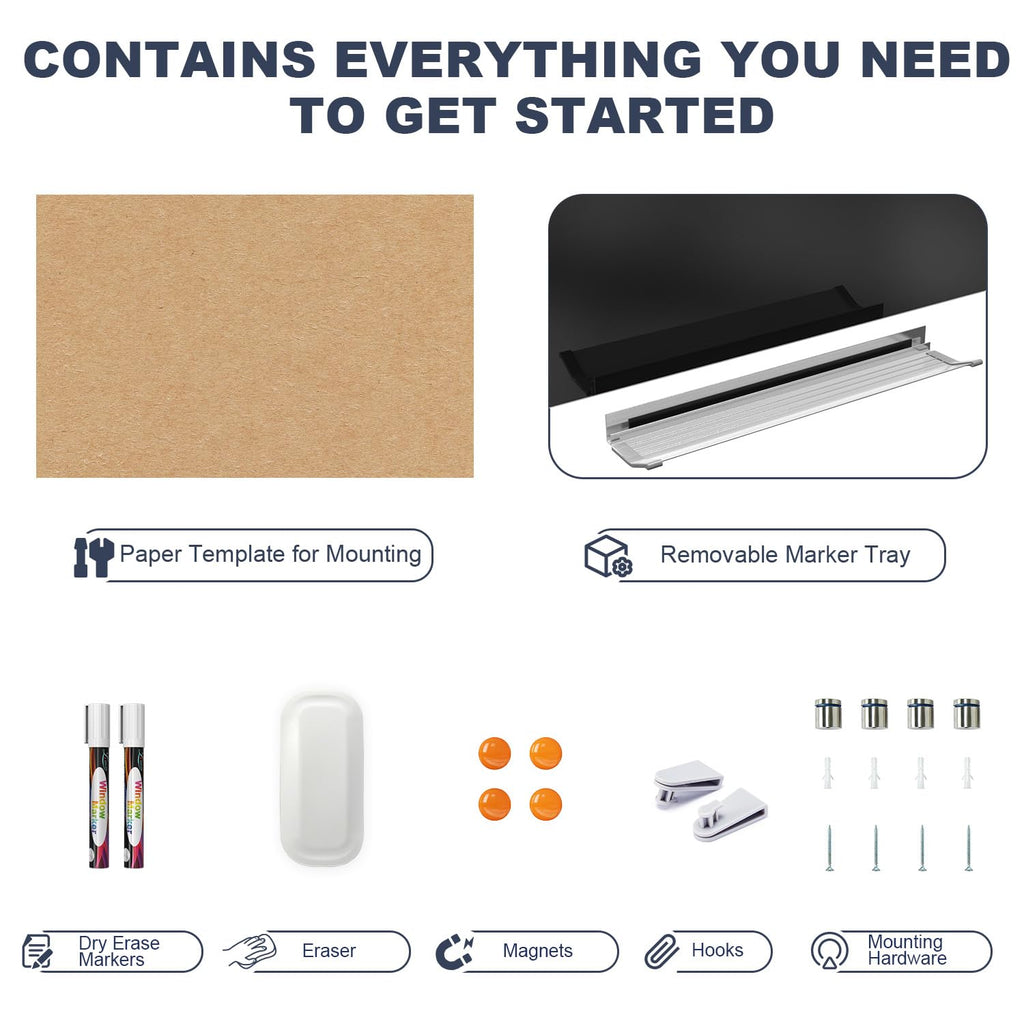 Dry Erase Board Black Magnetic Glass Whiteboard, TANKEE Modern Large Frameless Tempered Glass White Board for Wall, Office, School, Home, 36” x 24”, 3' x 2' White Board