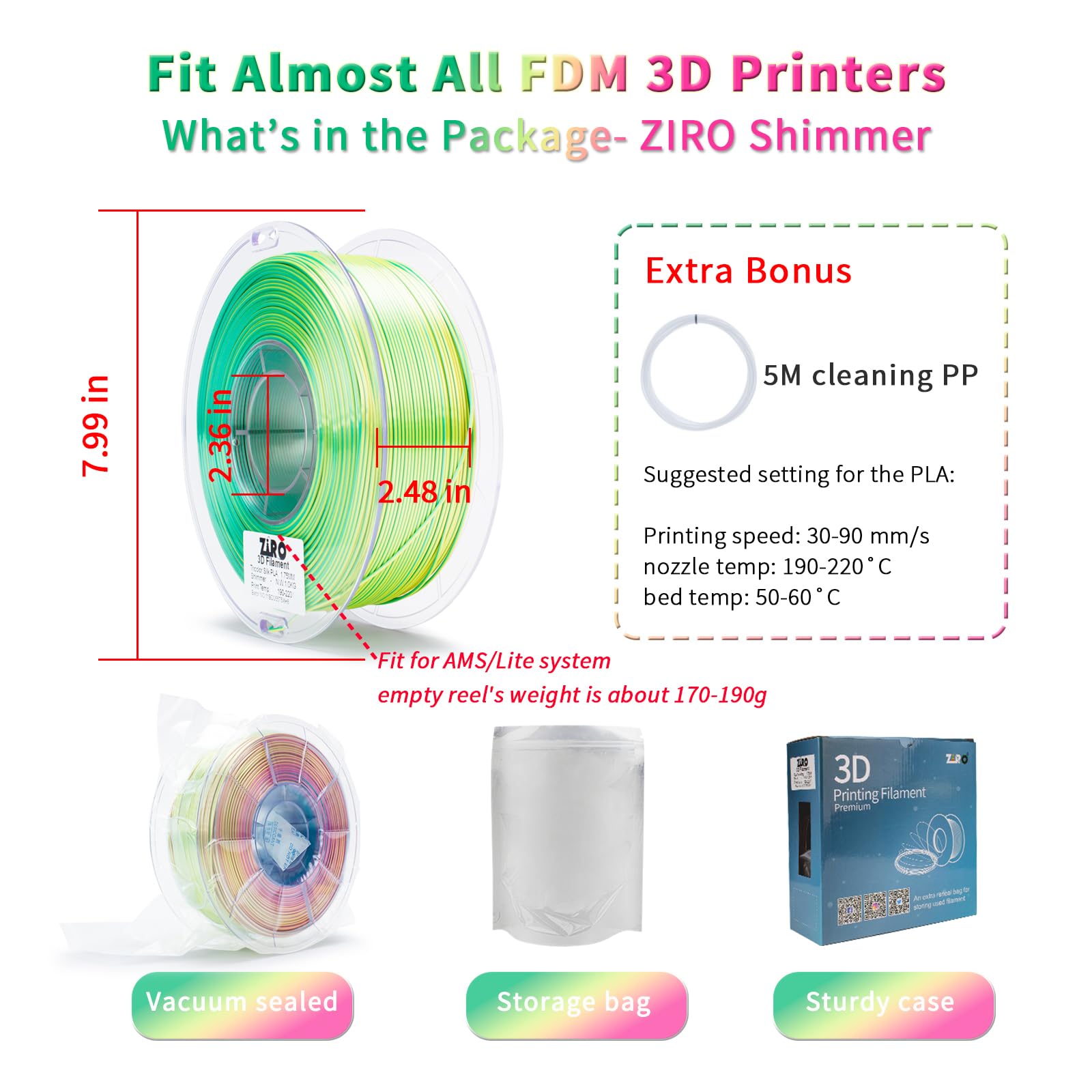 ZIRO Fast Color Change PLA, 1.75mm Color Gradient Filament, Glossy Rainbow PLA Filaments, Fit Most 3D Printer Pen, Shiny Surface 1KG/2.2lbs Spool, Aqua Sky (Silk)