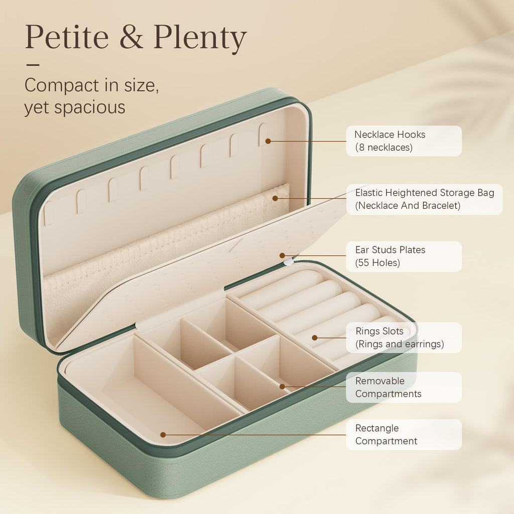 DesignSter Travel Jewelry Box, PU Leather Portable Jewelry Case, Small Jewelry Boxes for Gifts, Travel Jewelry Organizer for Women Rings Earrings Necklaces Bracelets (Avocado Green)