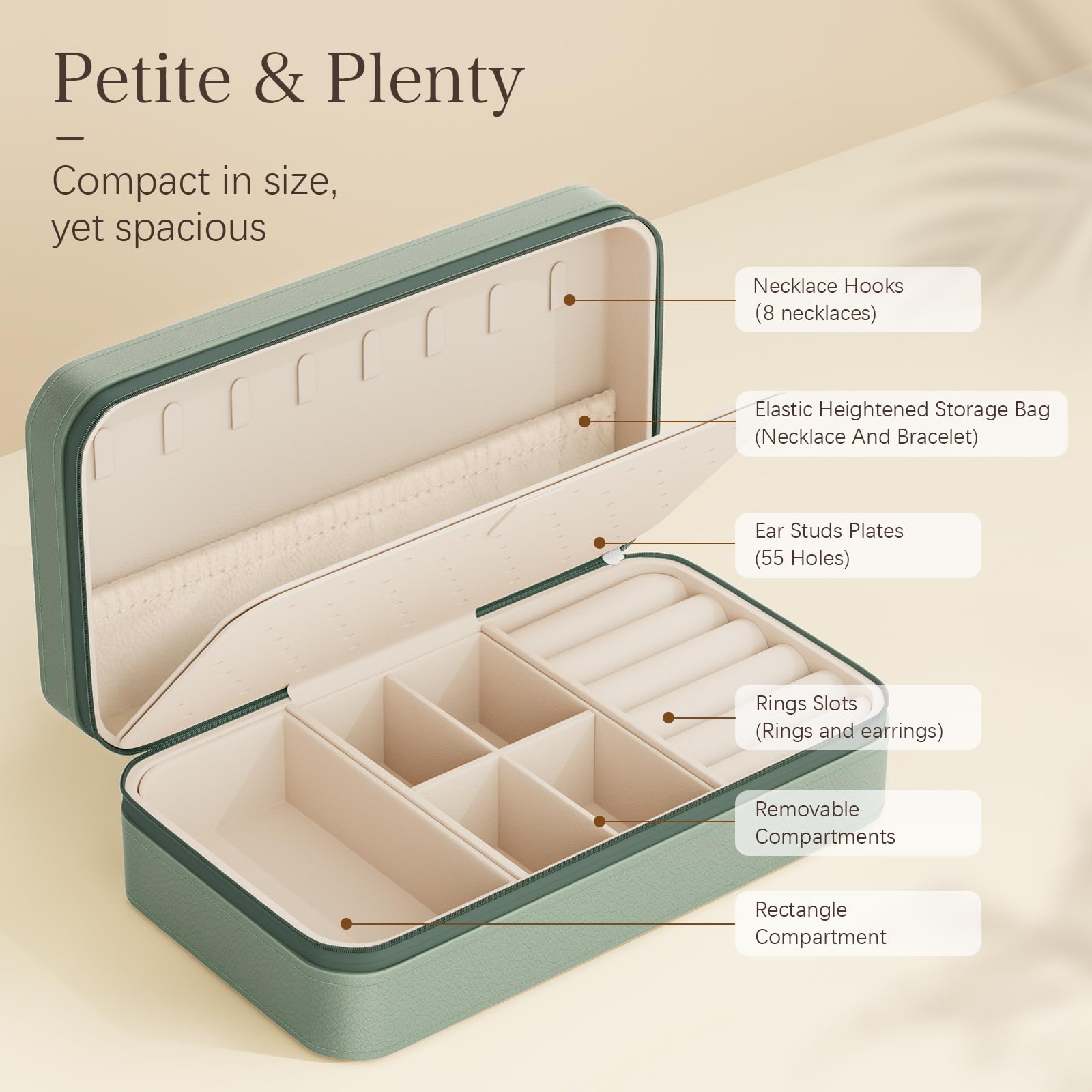 DesignSter Travel Jewelry Box, PU Leather Portable Jewelry Case, Small Jewelry Boxes for Gifts, Travel Jewelry Organizer for Women Rings Earrings Necklaces Bracelets (Avocado Green)