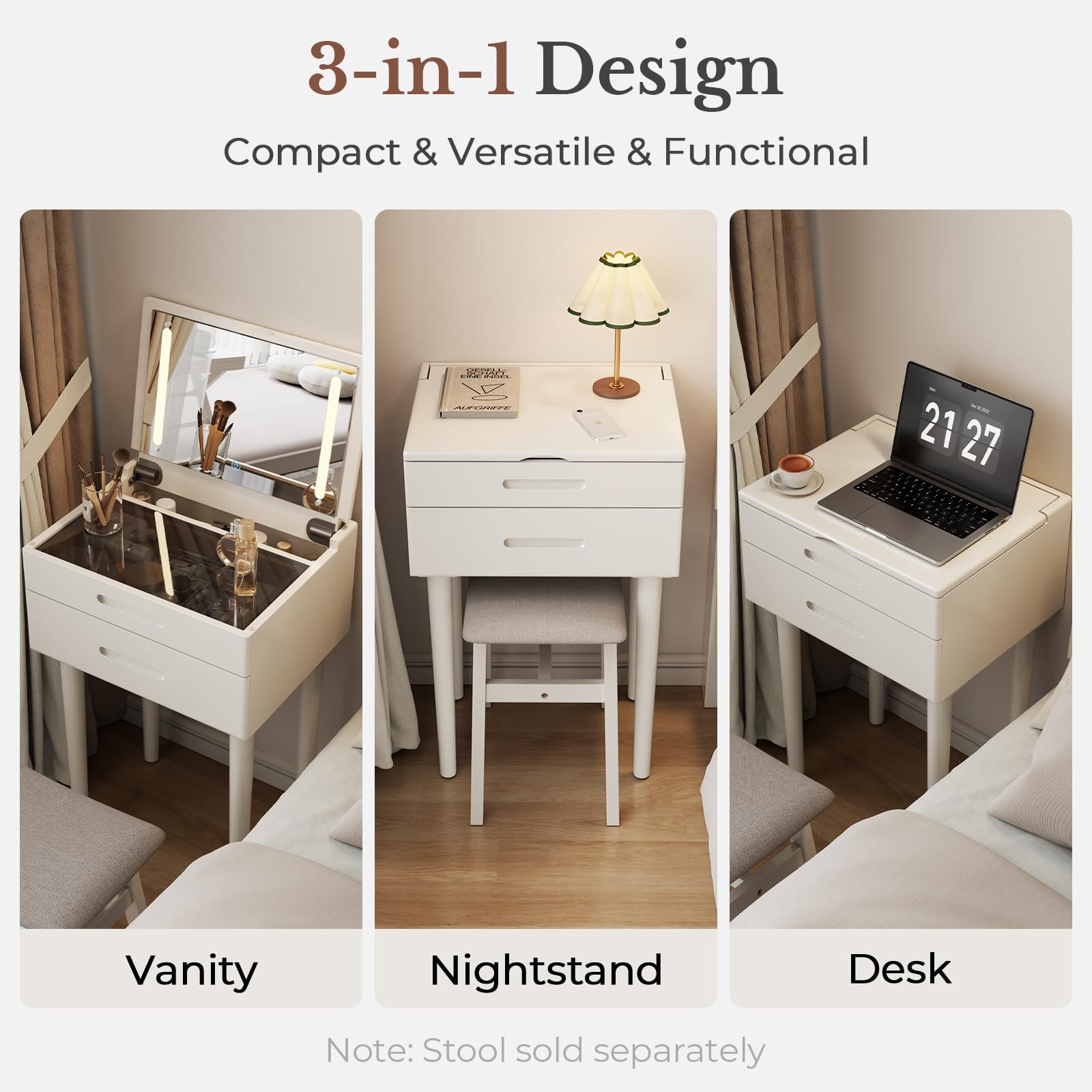 Muwuele Solid Wood Small Vanity Desk with Mirror and Lights, Narrow Makeup Vanity for Small Space, Flip Top Vanity Side Table, 3 Color Modes & Adjustable Brightness, 19.6" Slim Dressing Table, Black