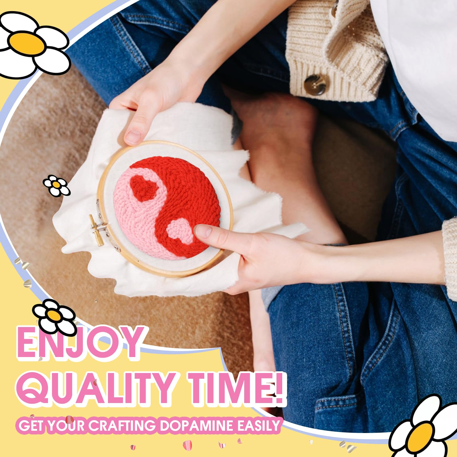 yuegool 6PCS Enchanted Oddities Punch Needle Coasters Kit – Easy DIY Embroidery Kit for Beginners, Adults & Kids | Includes Patterns, Tools, Yarns, Hoop, Instructions, Coaster Holder