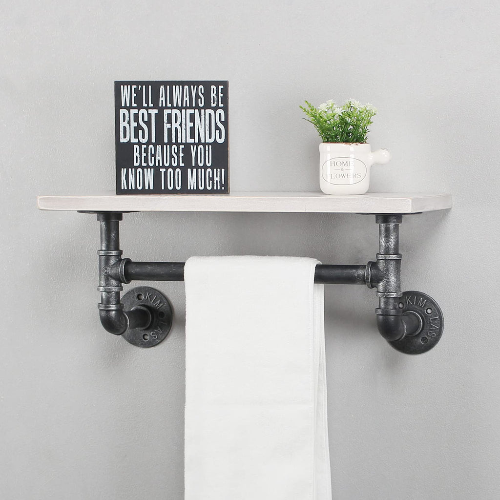 MBQQ Industrial Pipe Shelf Bathroom Shelves Wall Mounted,19.6in Rustic Wood Shelf with Towel Bar,1 Tier Farmhouse Towel Rack,Pipe Shelving Floating Shelves Towel Holder,Black & White