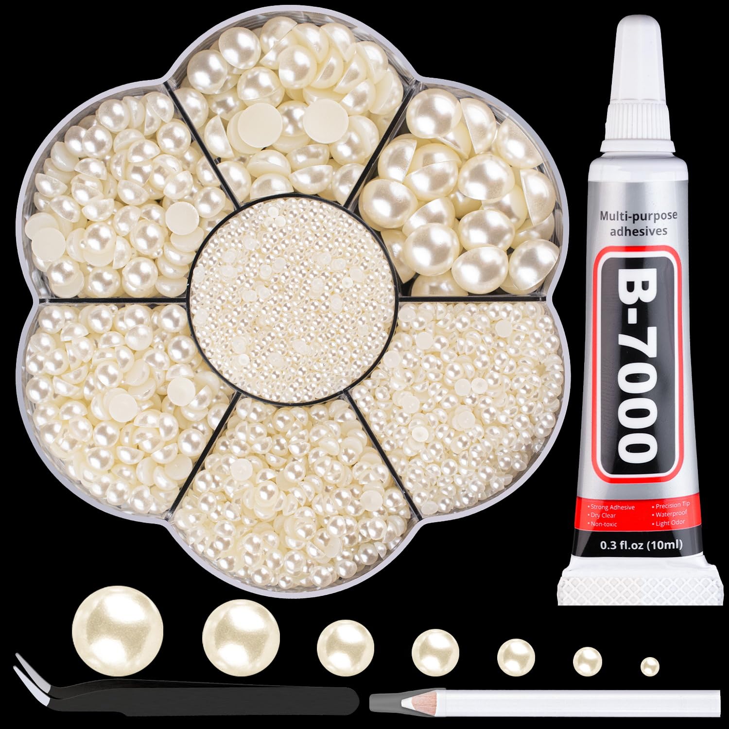 BELLEBOOST 5600pcs ABS Round Flat Back Beige Pearls Kit with Pickup Tools for Nail Art, Face, Body Decorations