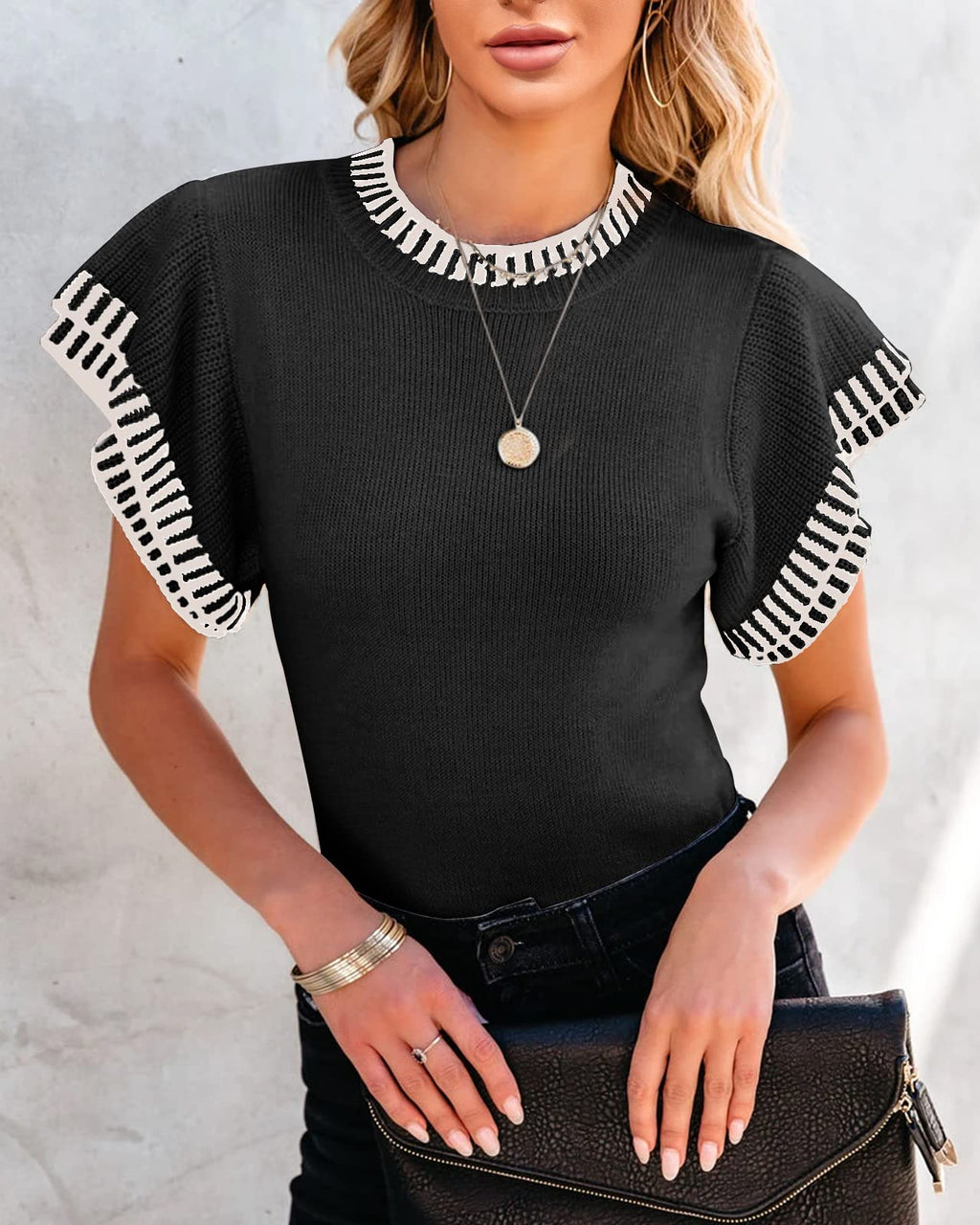 Saodimallsu Womens Short Sleeve Sweaters Tops Summer Ruffle Striped Loose Crew Neck Lightweight Soft Shirts Knit Sweater