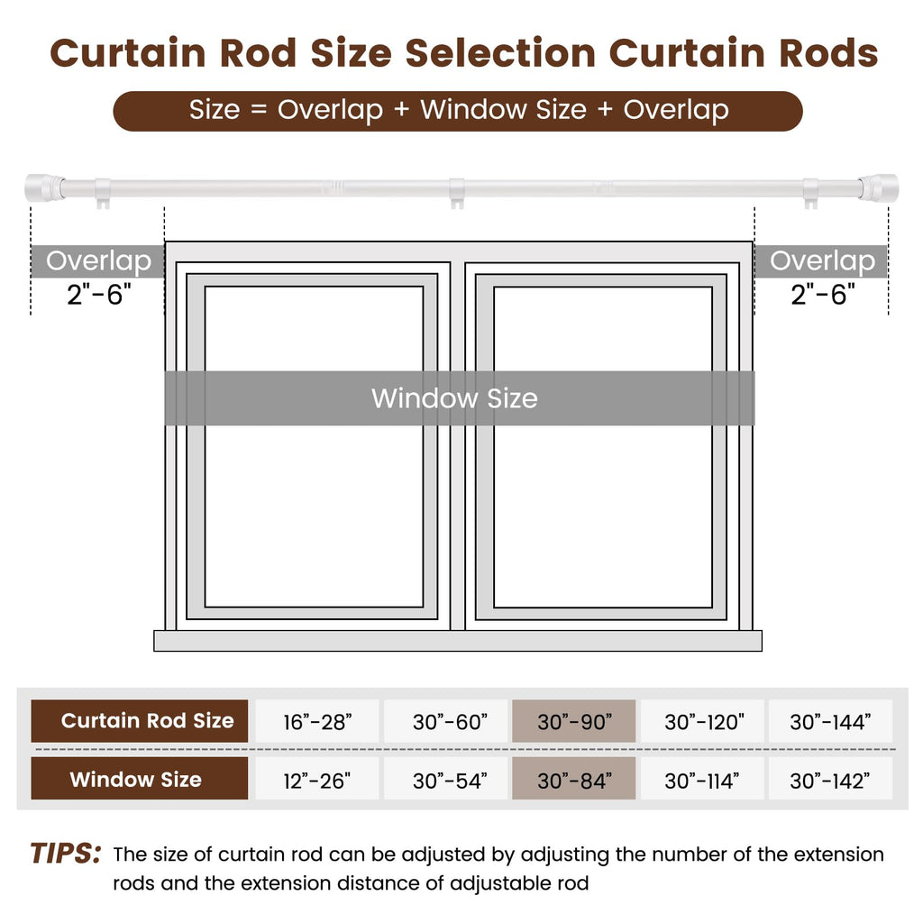 1” Diameter brown curtain rod Itself is 30 to 60 inch. 1 Pack Fits 30-54 inch Windows with Heavy Duty Adjustable brown curtain rods Splicing Metal Extra Long Curtain Rod