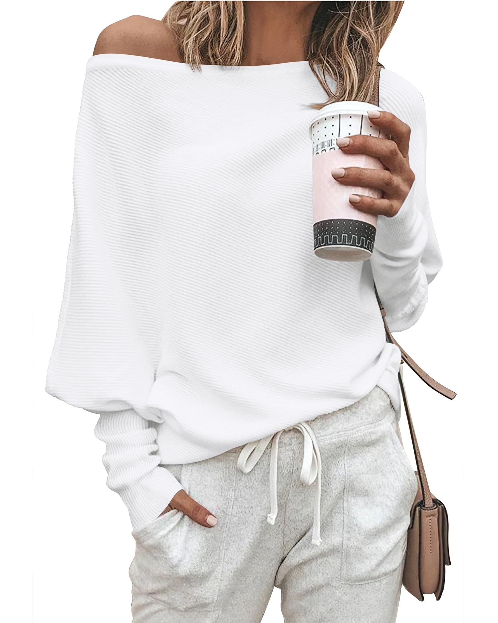 Zenlonr Women's Fall Sweaters 2026 Casual Long Batwing Sleeve Loose Off Shoulder Knit Pullovers Jumper Tops