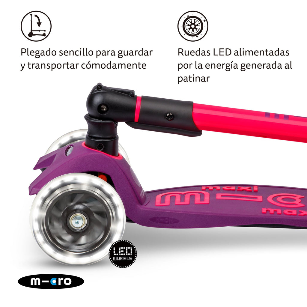 Micro Kickboard | Maxi Foldable LED Kids Scooter for Ages 5-12 | Children up to 110 lbs | 3 Wheel Lean-to-Steer Design | Adjustable T Bar | Smooth Ride, Motion Activated PU LED Wheels | Swiss Design